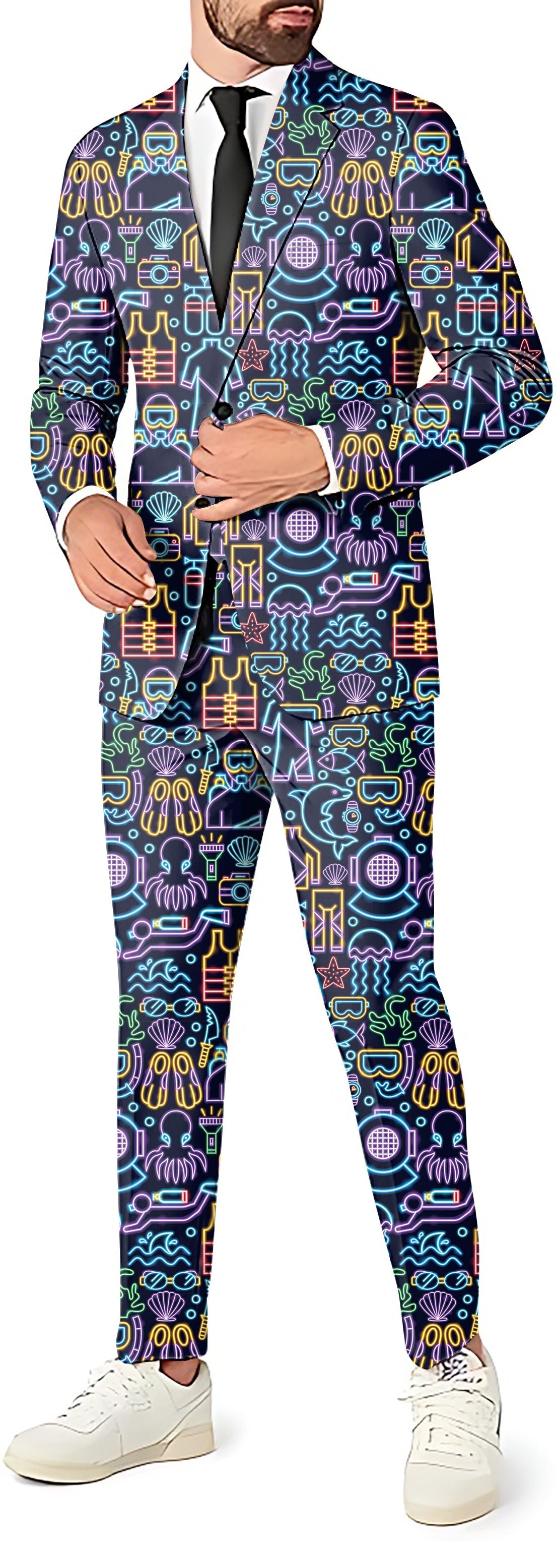 Neon Diver men's party costume suit set with blazer, pants, and vest featuring colorful neon diver-themed pattern