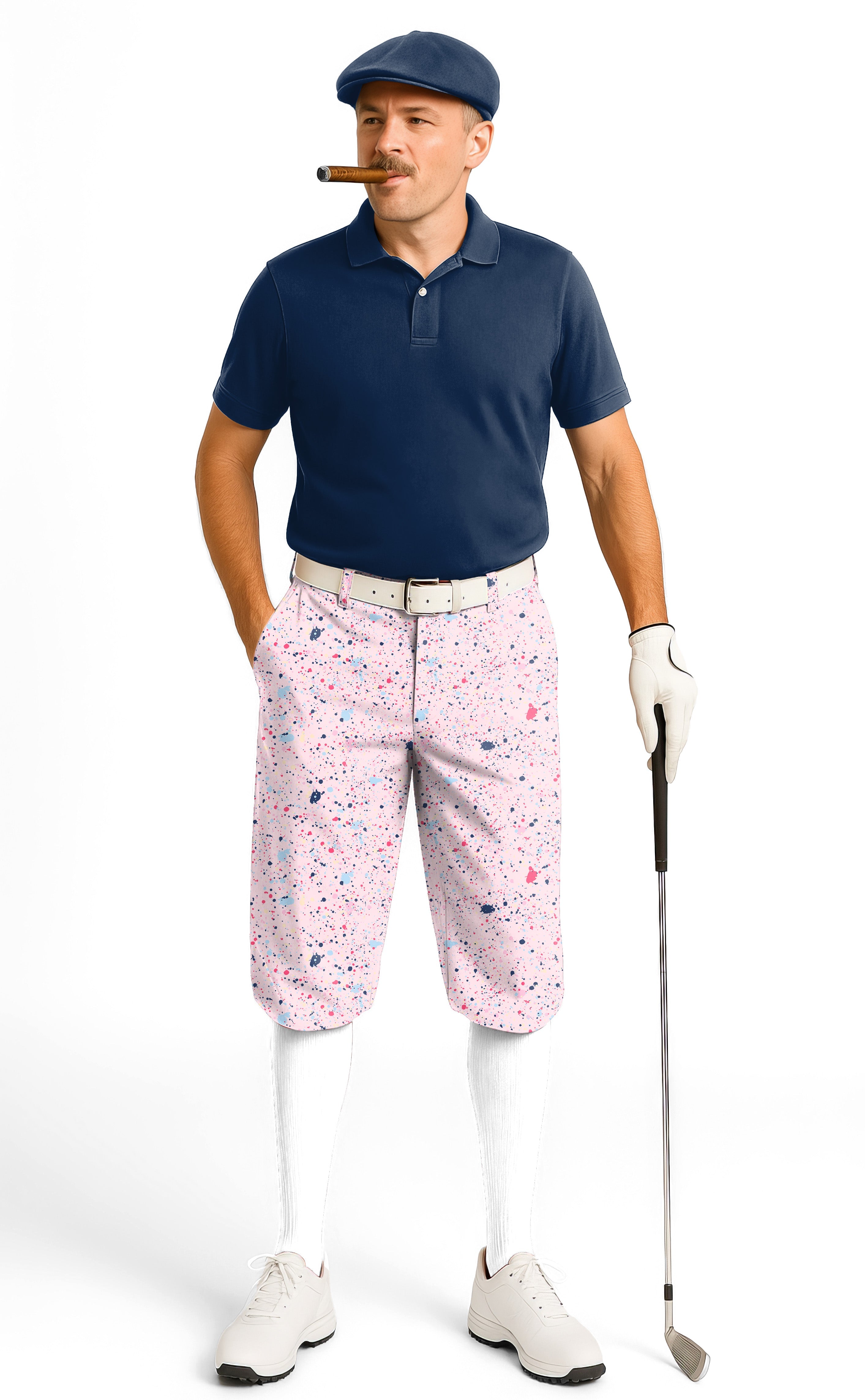 Men's golf knickers pants with black pink ink dots, lightweight and wrinkle-resistant design