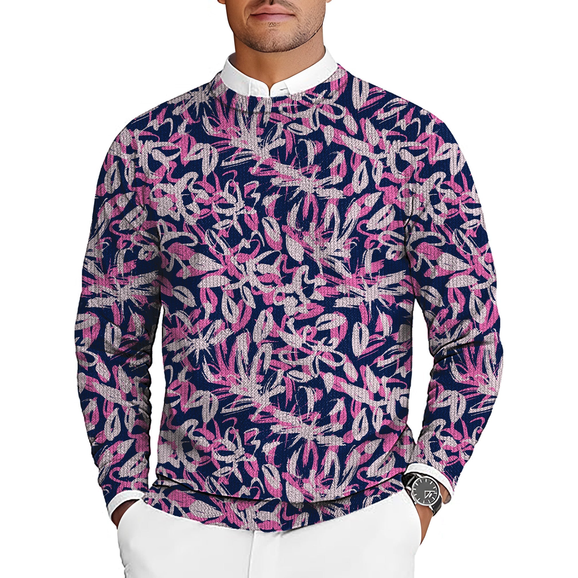 Draw Flowers men's golf crewneck pullover sweater with pink and purple floral pattern on navy background