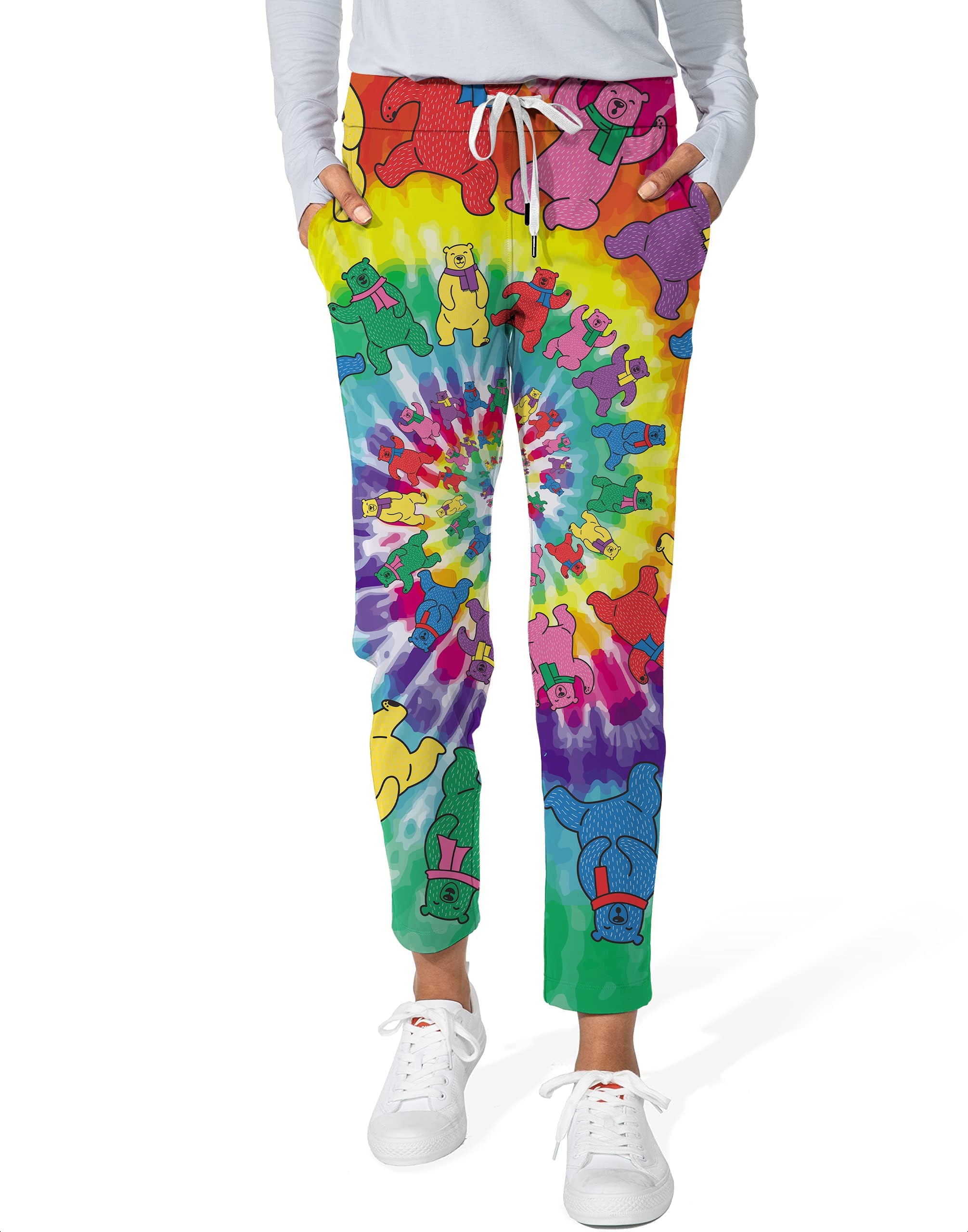 Women's Kaleidoscope Bear 7/8 stretch ankle golf pants with colorful bear tie-dye design