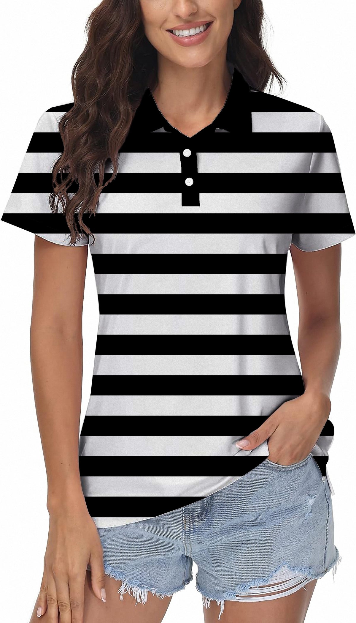Black and white horizontal stripes Women's Golf Polo