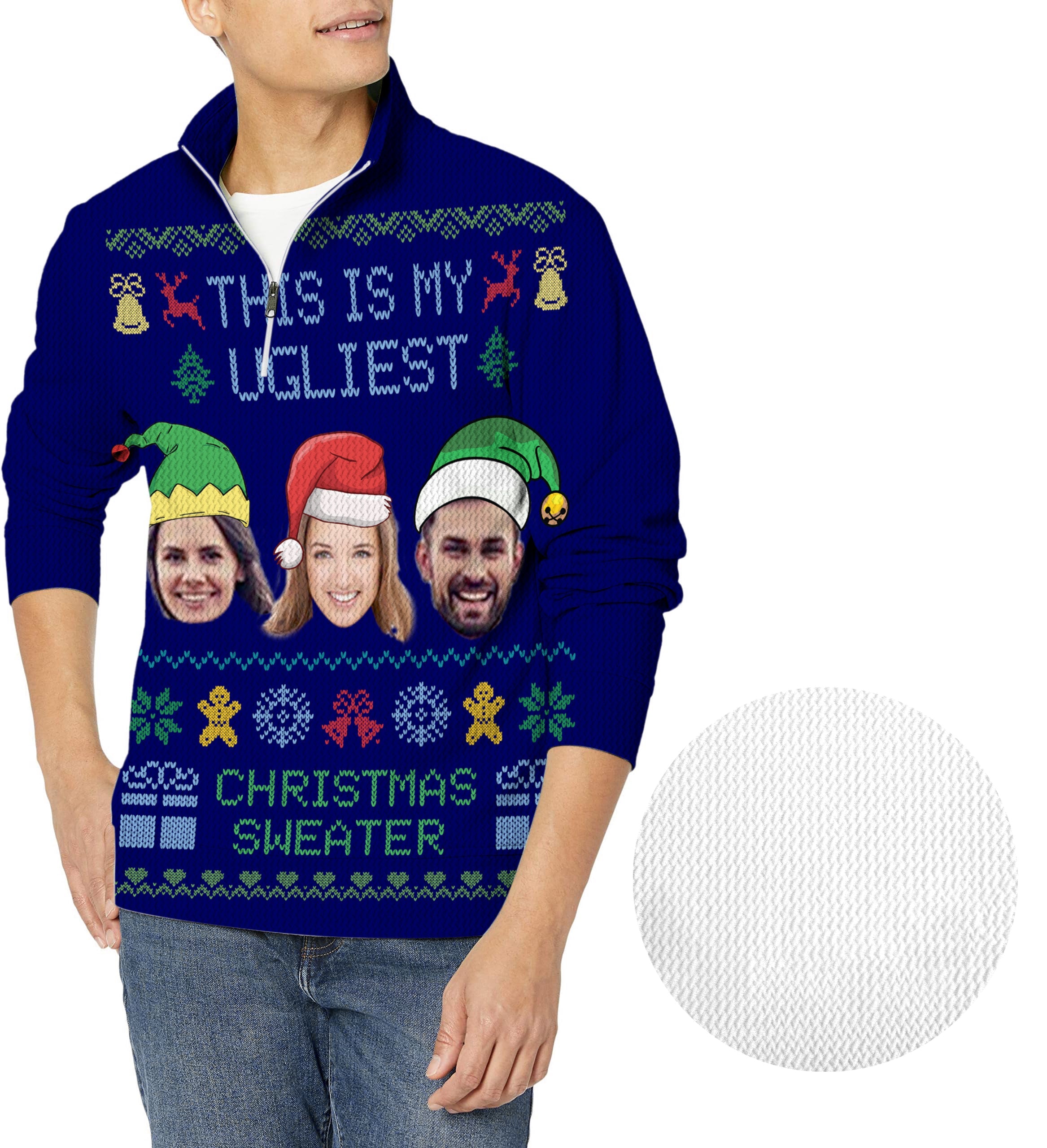 Navy Christmas custom face men's golf waffle zipper pullover with personalized holiday design