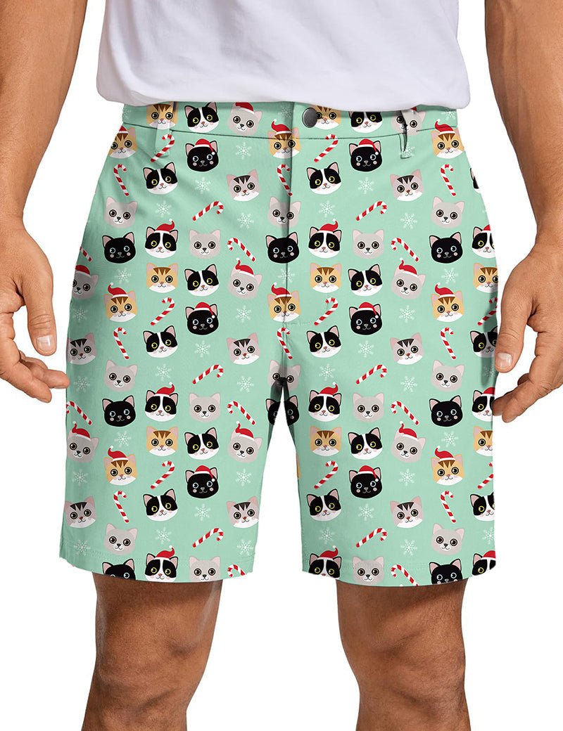 Men's Christmas cat golf shorts with festive cat pattern, quick-dry, lightweight, and stretchy fabric for comfort and style