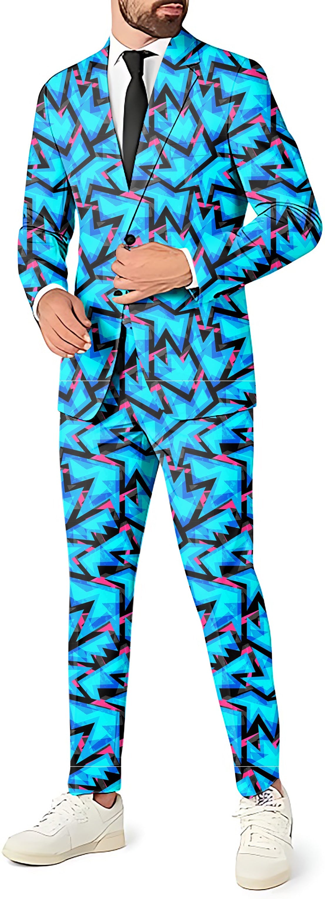 Icey Blues men's party suit with blazer, pants, and vest in vibrant blue geometric pattern
