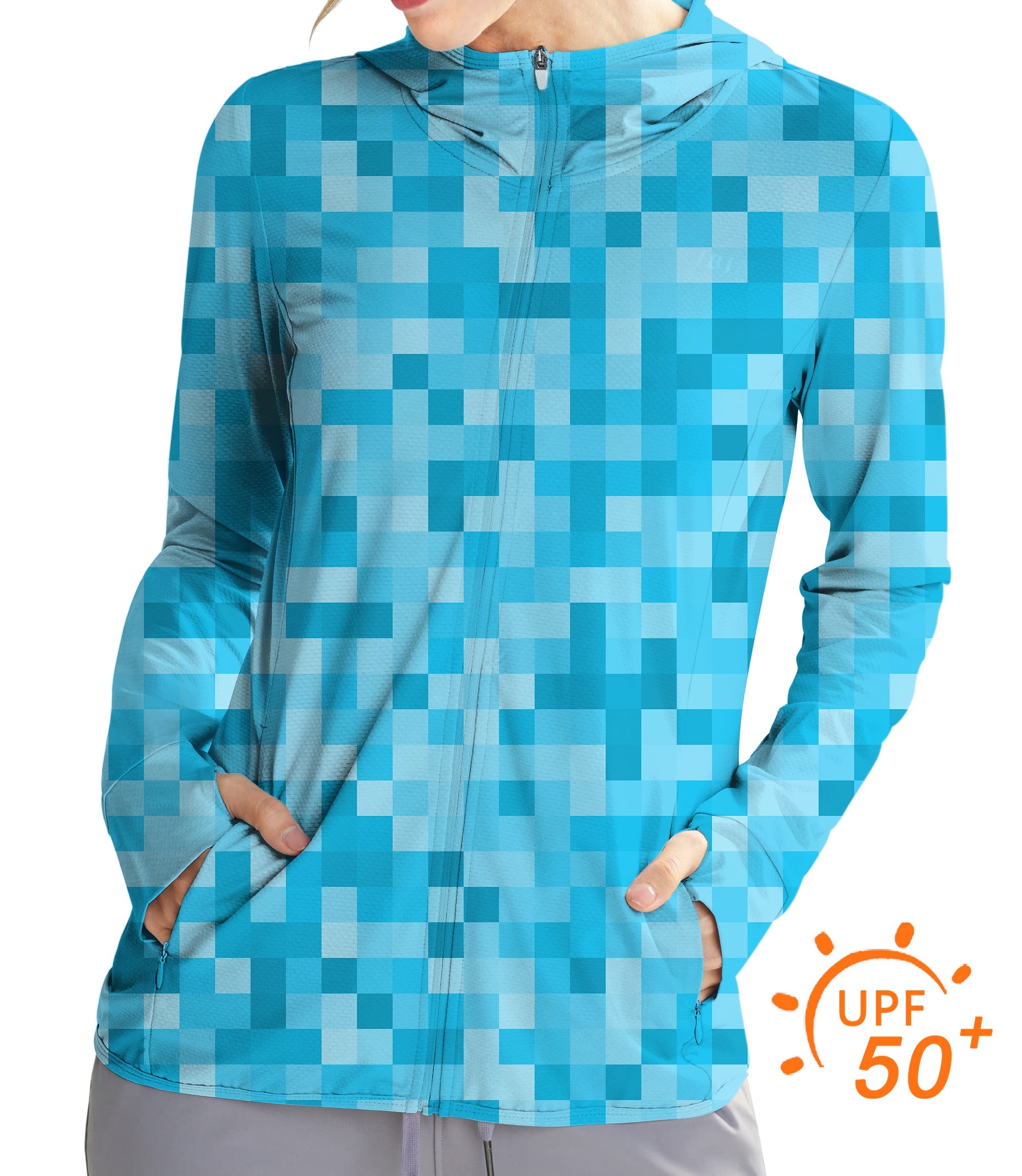 Women's outdoor blue pixel big golf sun protection slim fit zip hoodie with UPF 50+ fabric and thumb holes.