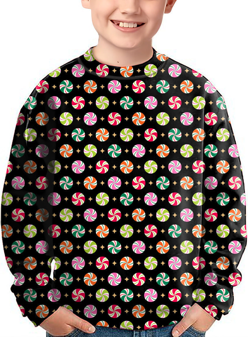 Kids Christmas Candy Crewneck pullover with colorful peppermint pattern on black background