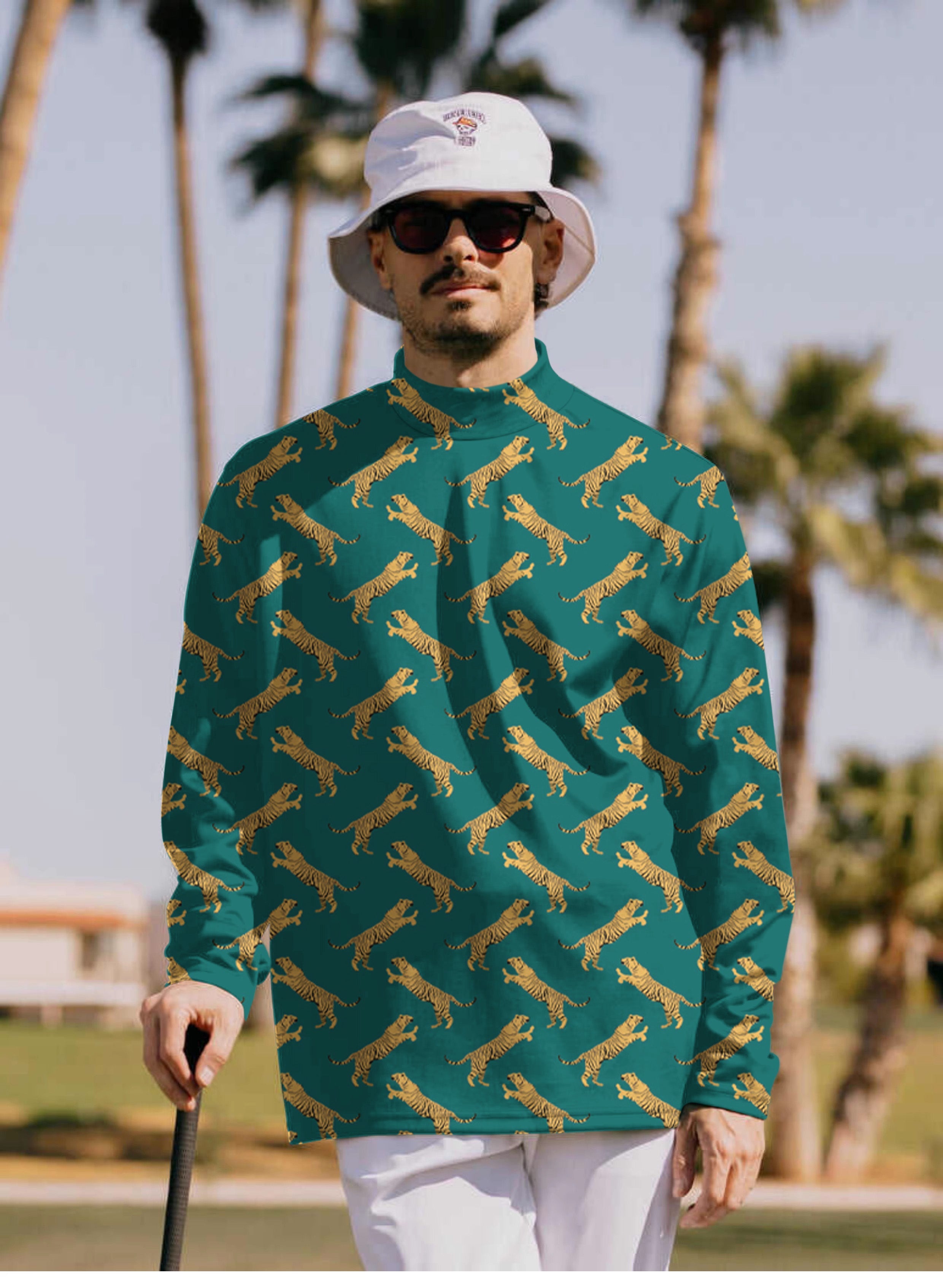 Men's green tiger Pullover High neck Long/Short sleeve T-Shirt