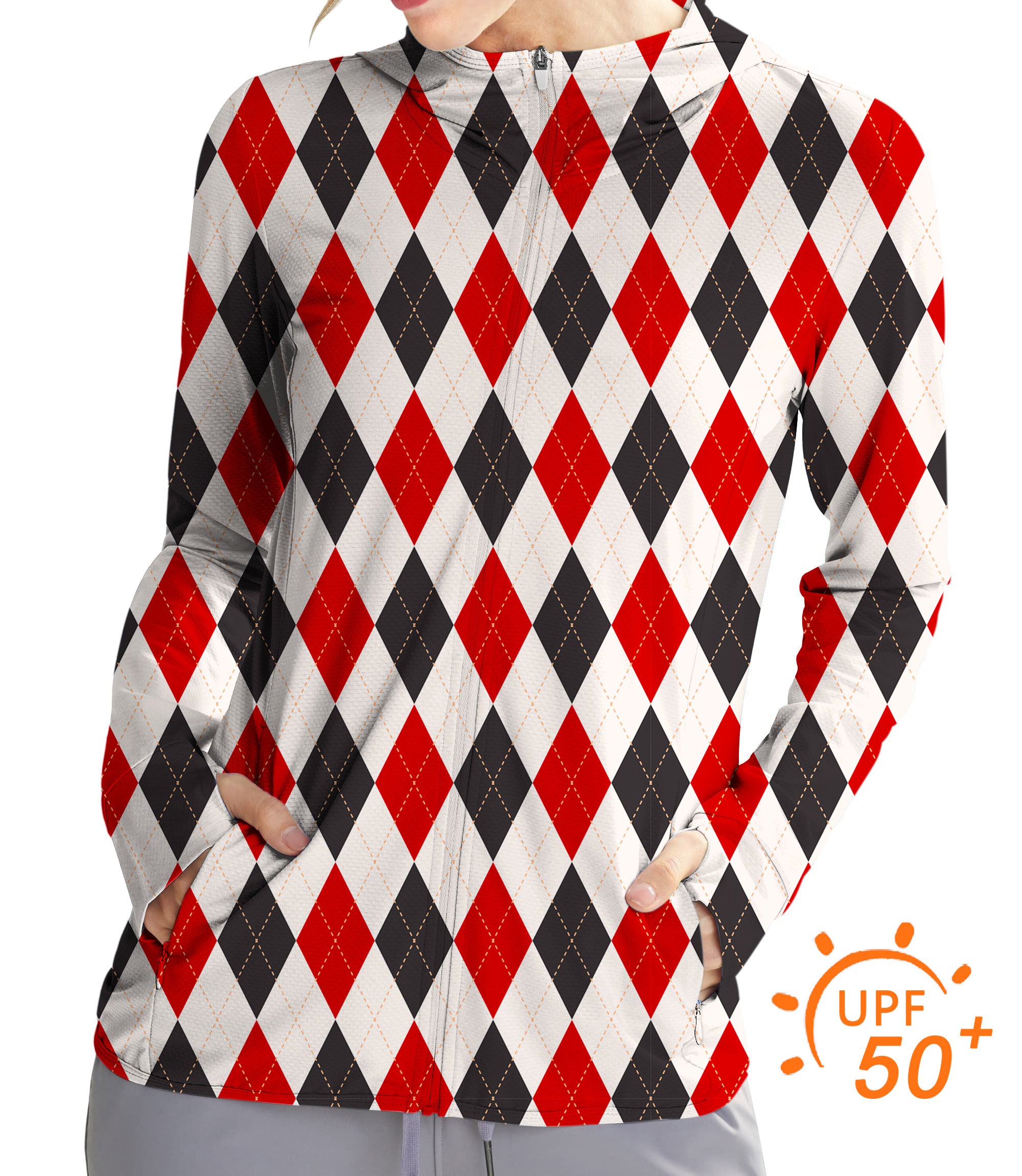 Argyle Women's Outdoor Red black grid Golf Sun Protection Slim Fit zip hoodies