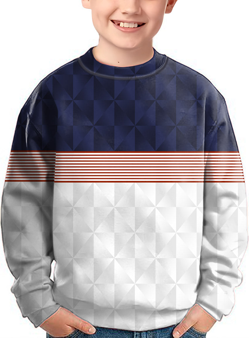 Kids crewneck pullover with navy and white stripe splicing custom sport team design