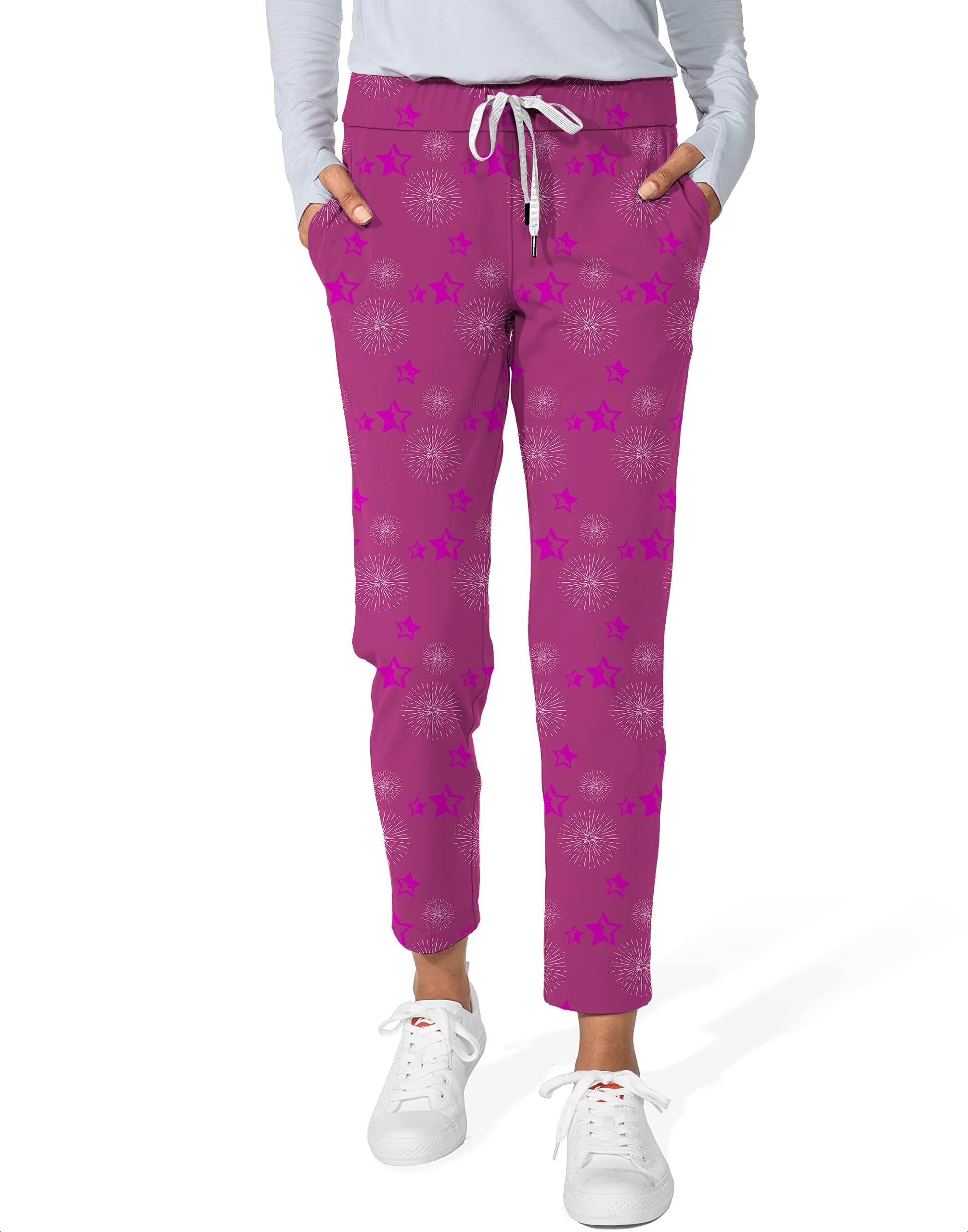 Women's Pentagram Impression limited edition 7/8 stretch ankle golf pants in purple with star pattern