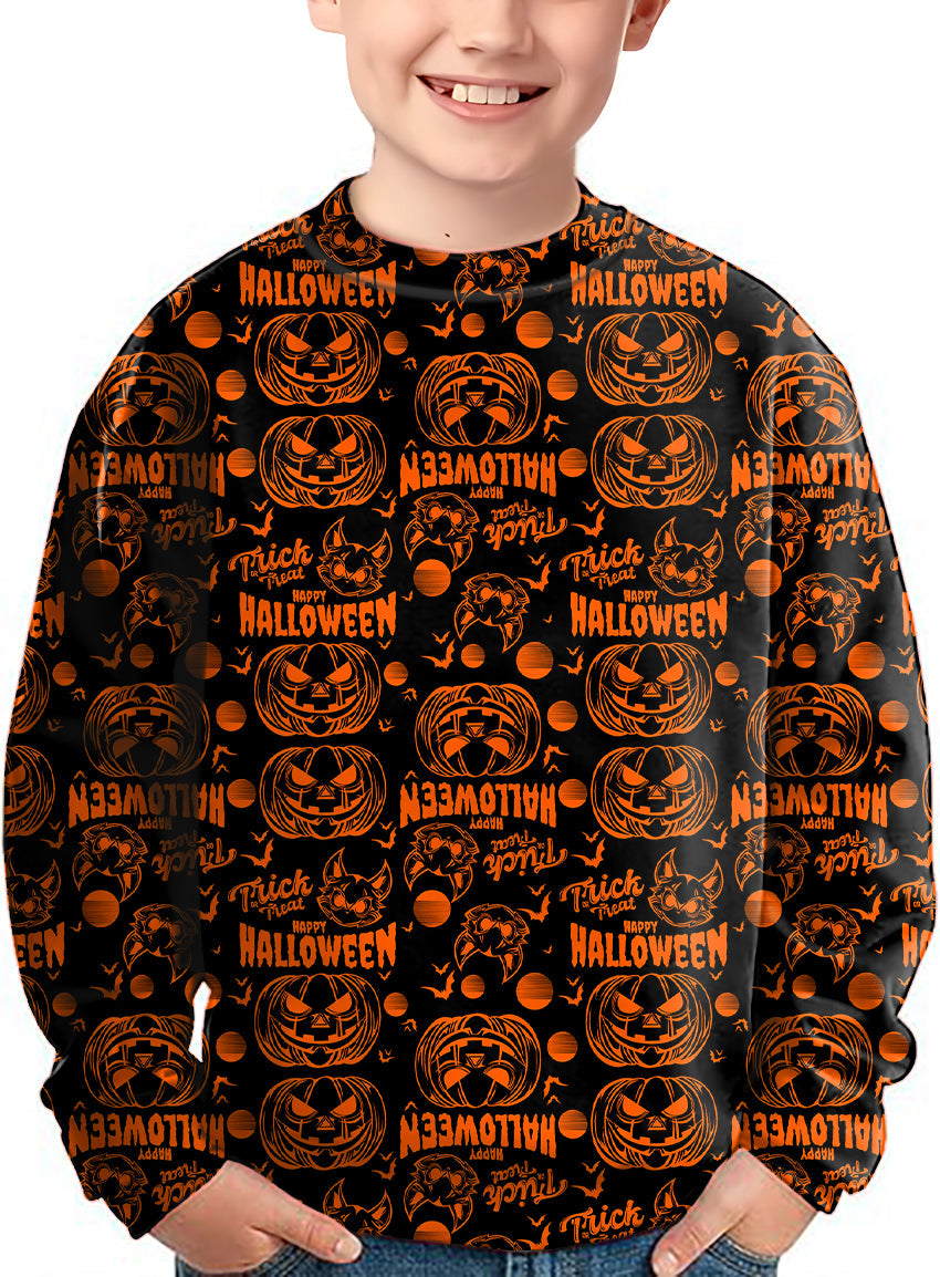 Kids Happy Halloween Pumpkin crewneck pullover with orange jack-o'-lantern and Halloween text pattern