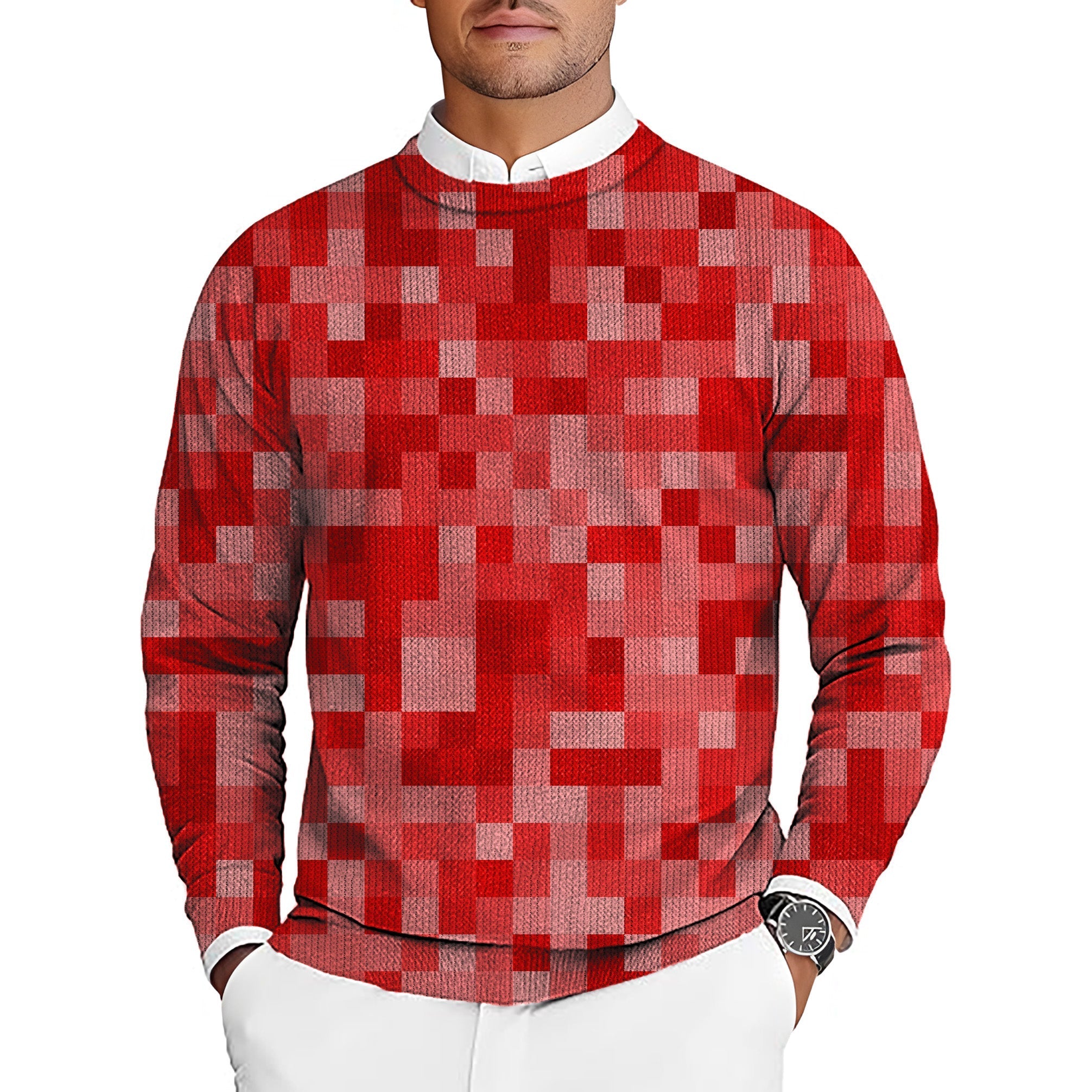 Red Pixel Big Men's Golf Crewneck pullover sweater with pixelated red pattern