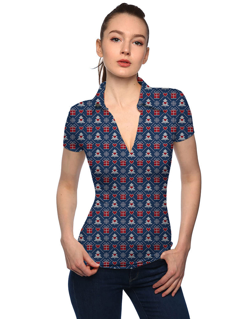 Women's Christmas gift V-neck golf polo shirt with festive pattern and stand collar