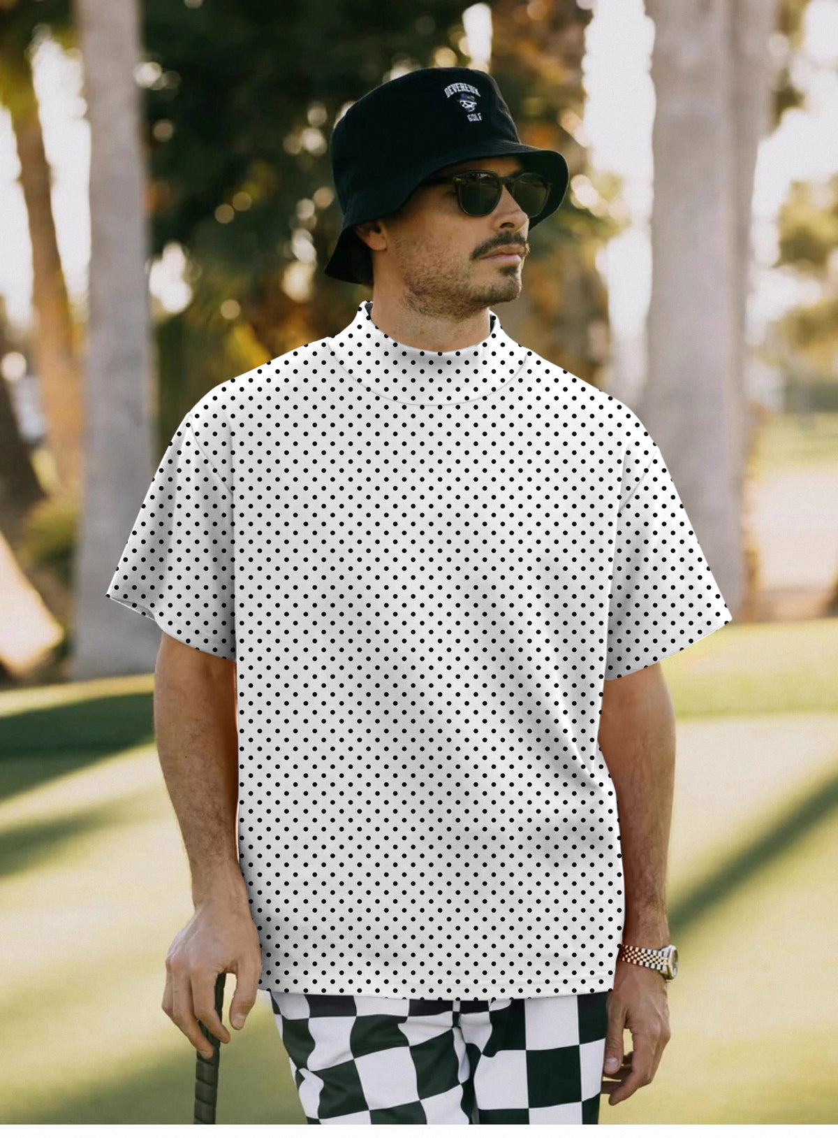 Men's Black polka dots white background Mock Neck Long/Short Sleeve Golf Tops