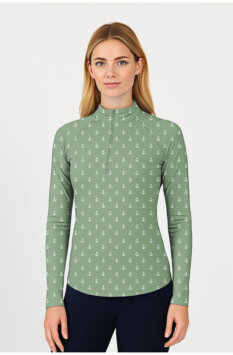 Grass green anchor print women's golf active 3/4 zip top with long sleeves and mock collar