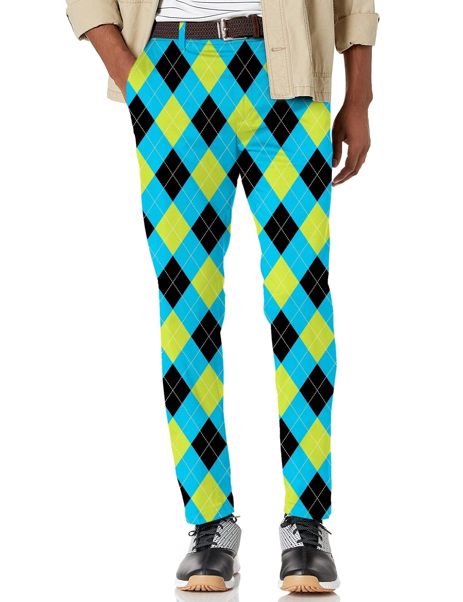 Men's Halloween black green blue white argyle stretch golf pants with moisture-wicking fabric and active waistband