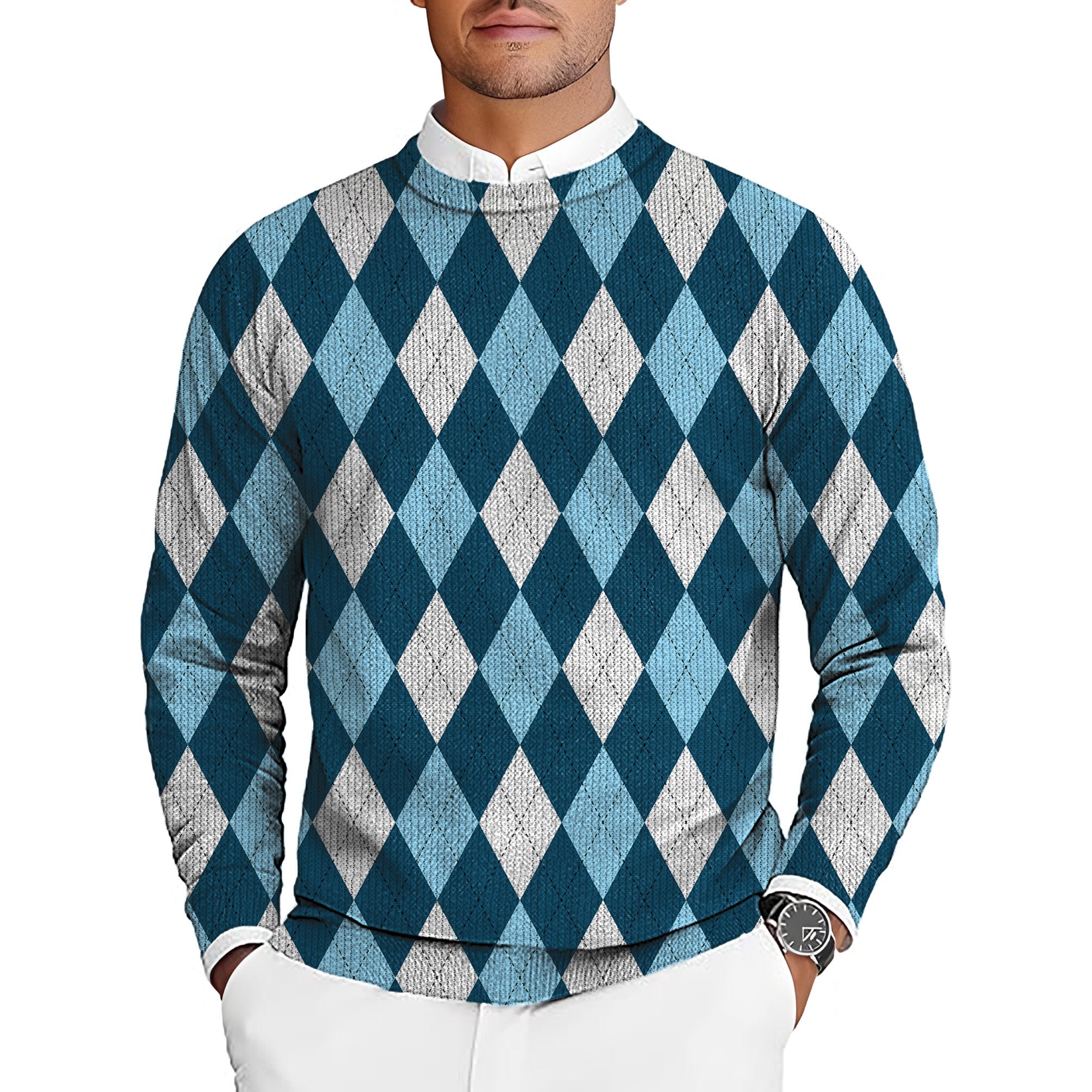 men's golf crewneck pullover sweater with moderate blue diamond pattern