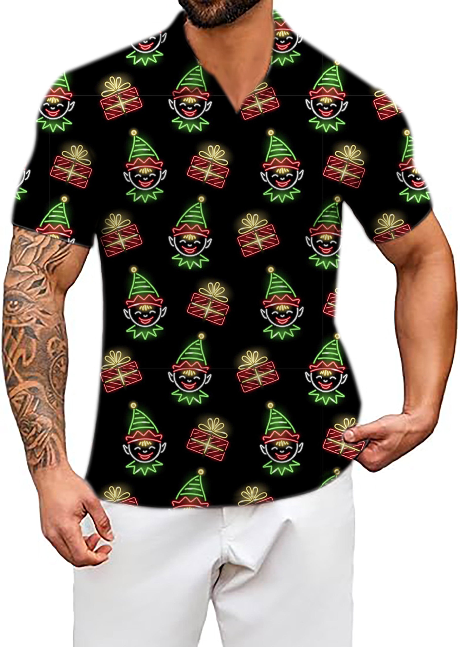 Christmas Men's Neon Elves V Neck Golf Polo Shirts