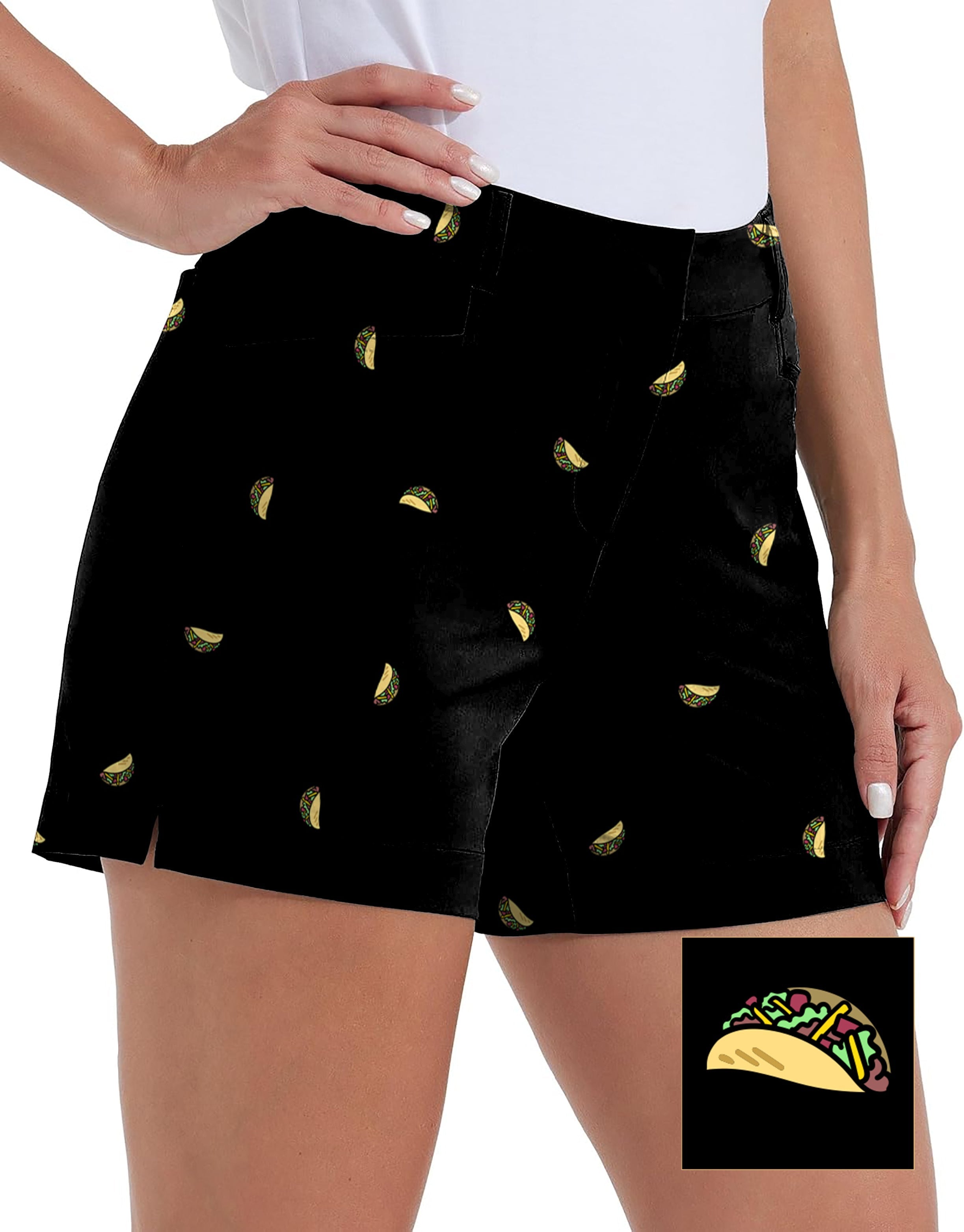 Women’s quick-drying black golf shorts with Taco Custom logo and pockets
