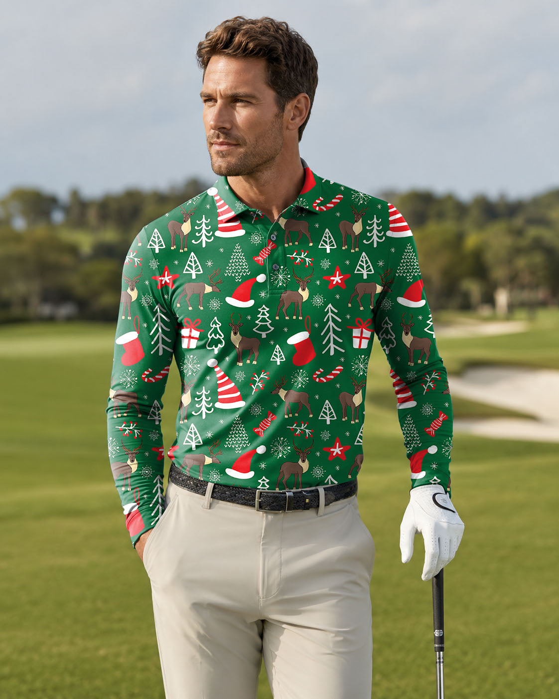 Men's Elk deer Christmas Long-sleeved Polo