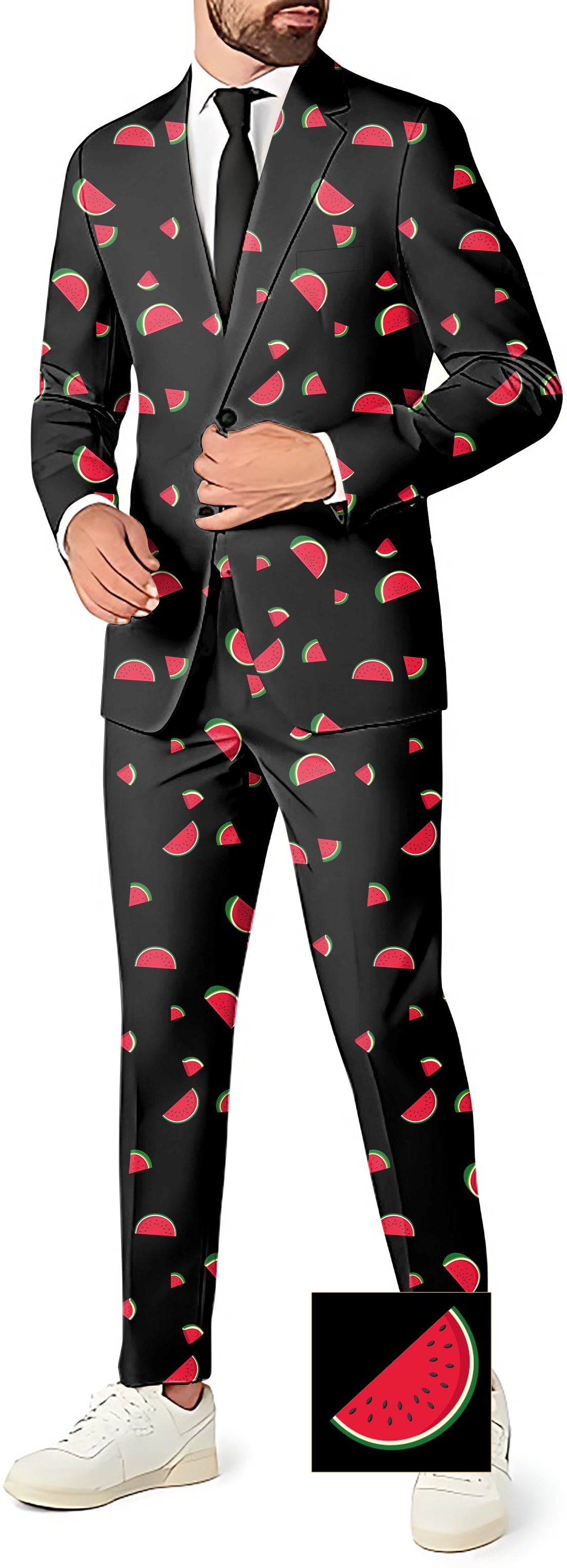 Watermelon custom men's party suit set with blazer, pants, and vest in black background color