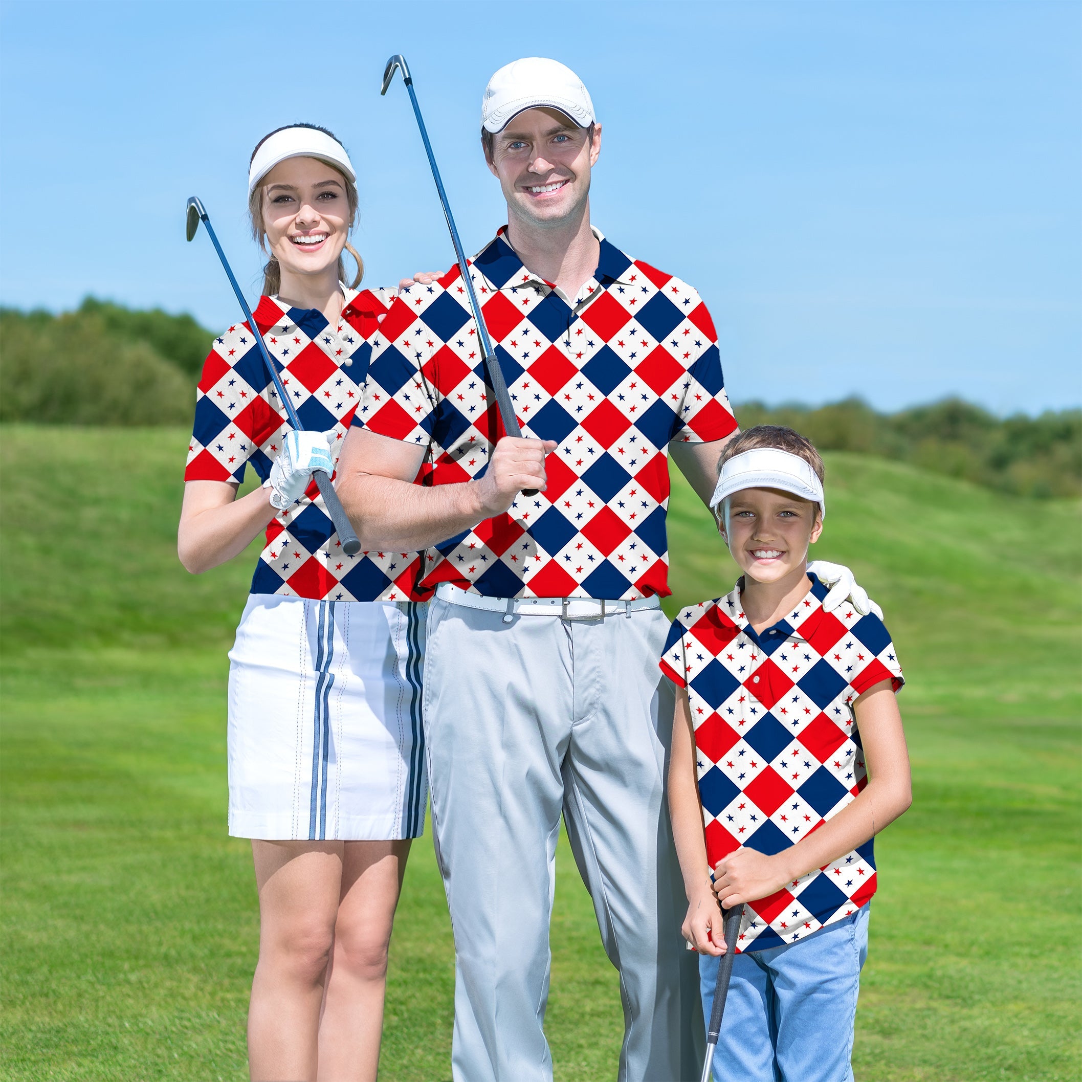 Family wearing matching red white blue argyle golf shirts on course