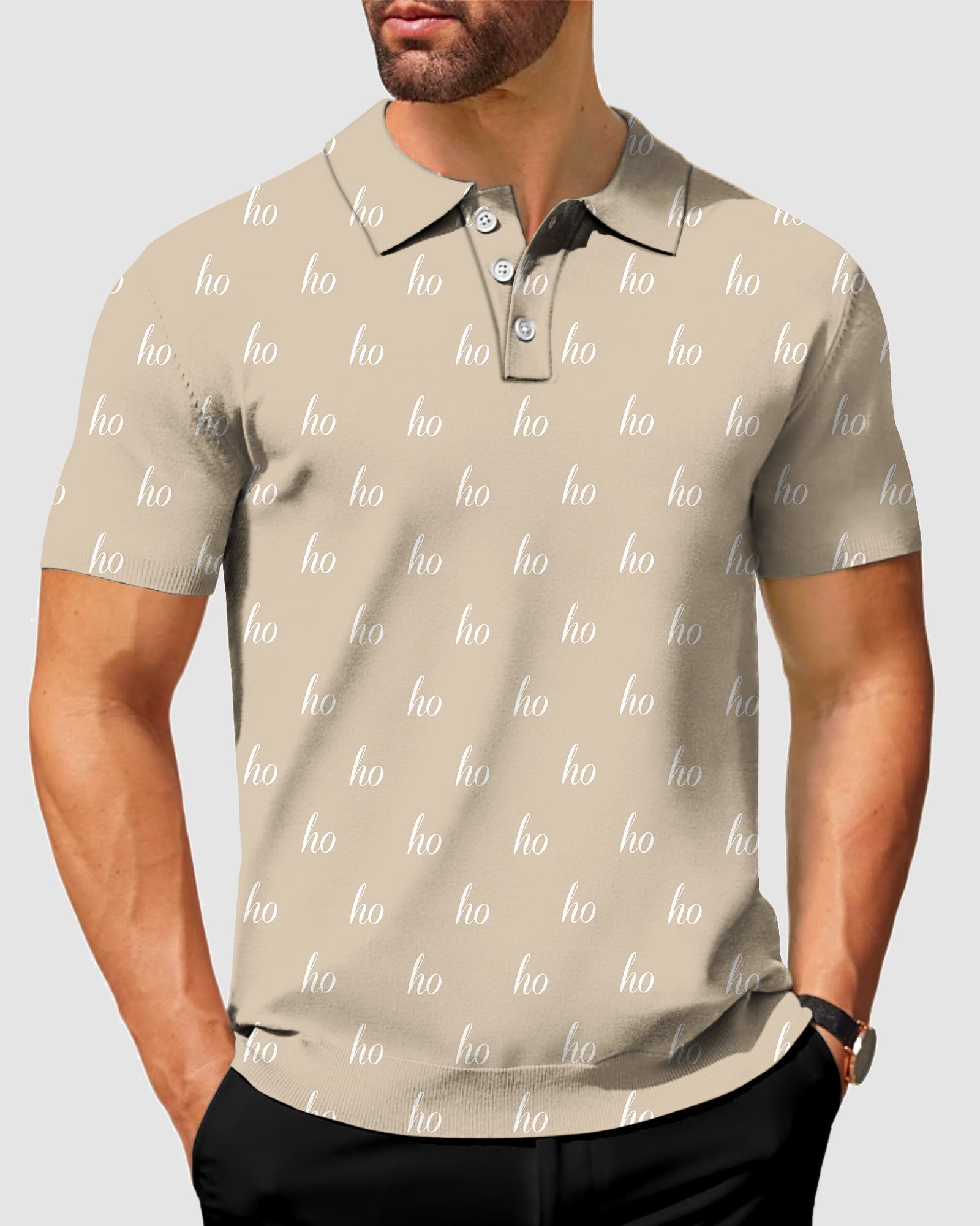Men's beige custom name polo shirt with four-way stretch and wrinkle-resistant fabric