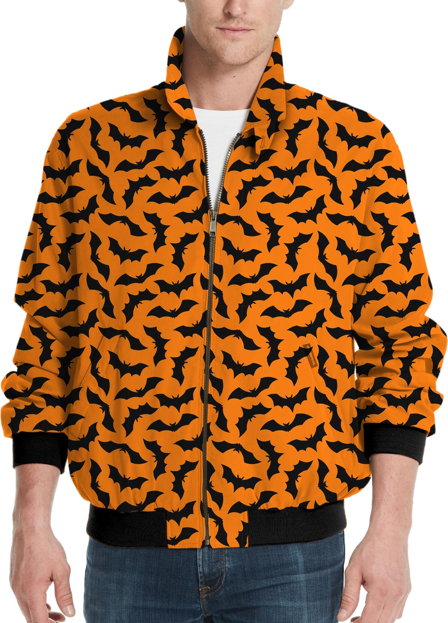Men's golf windbreaker jacket with custom Halloween bat design on orange background