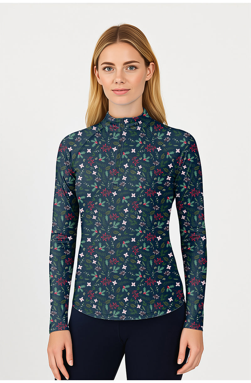 Christmas holly women’s golf active 3/4 zip top with long sleeves and festive holly pattern