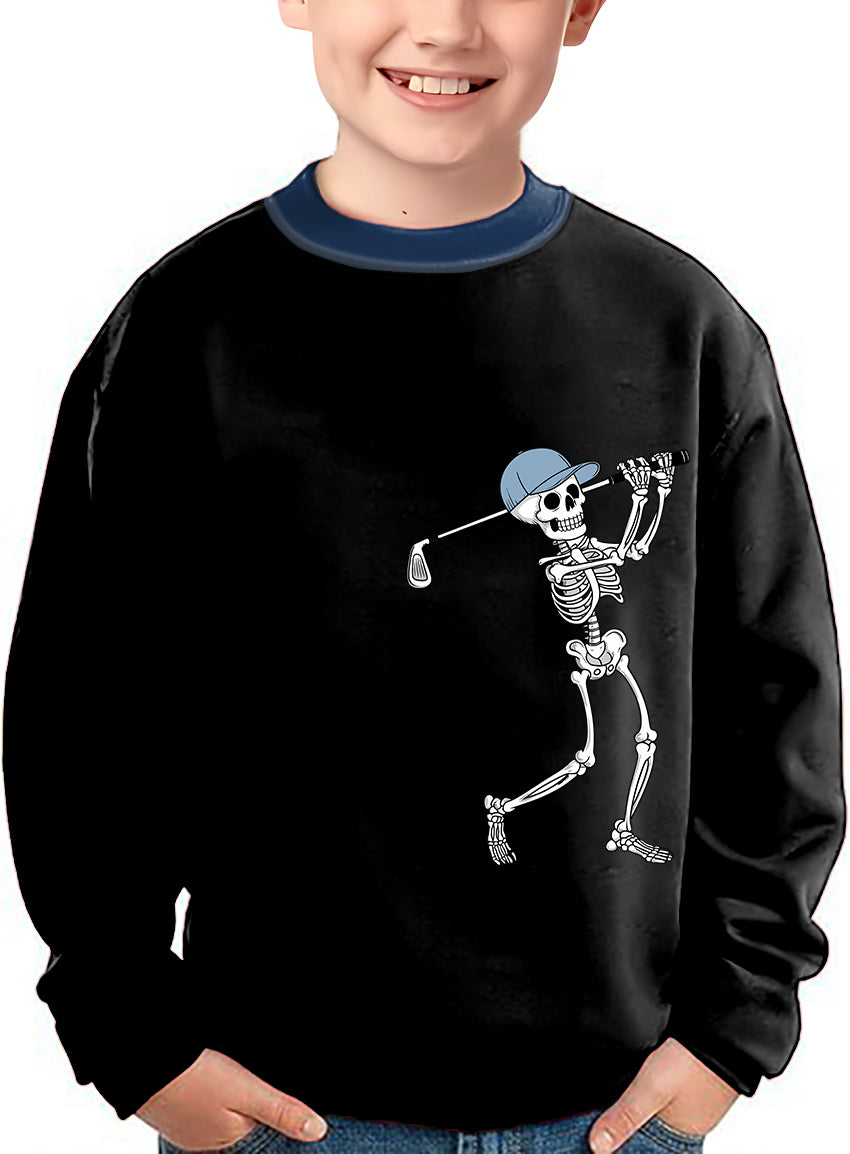 Kids black crewneck pullover with blue royal collar and Halloween skeleton golfing design