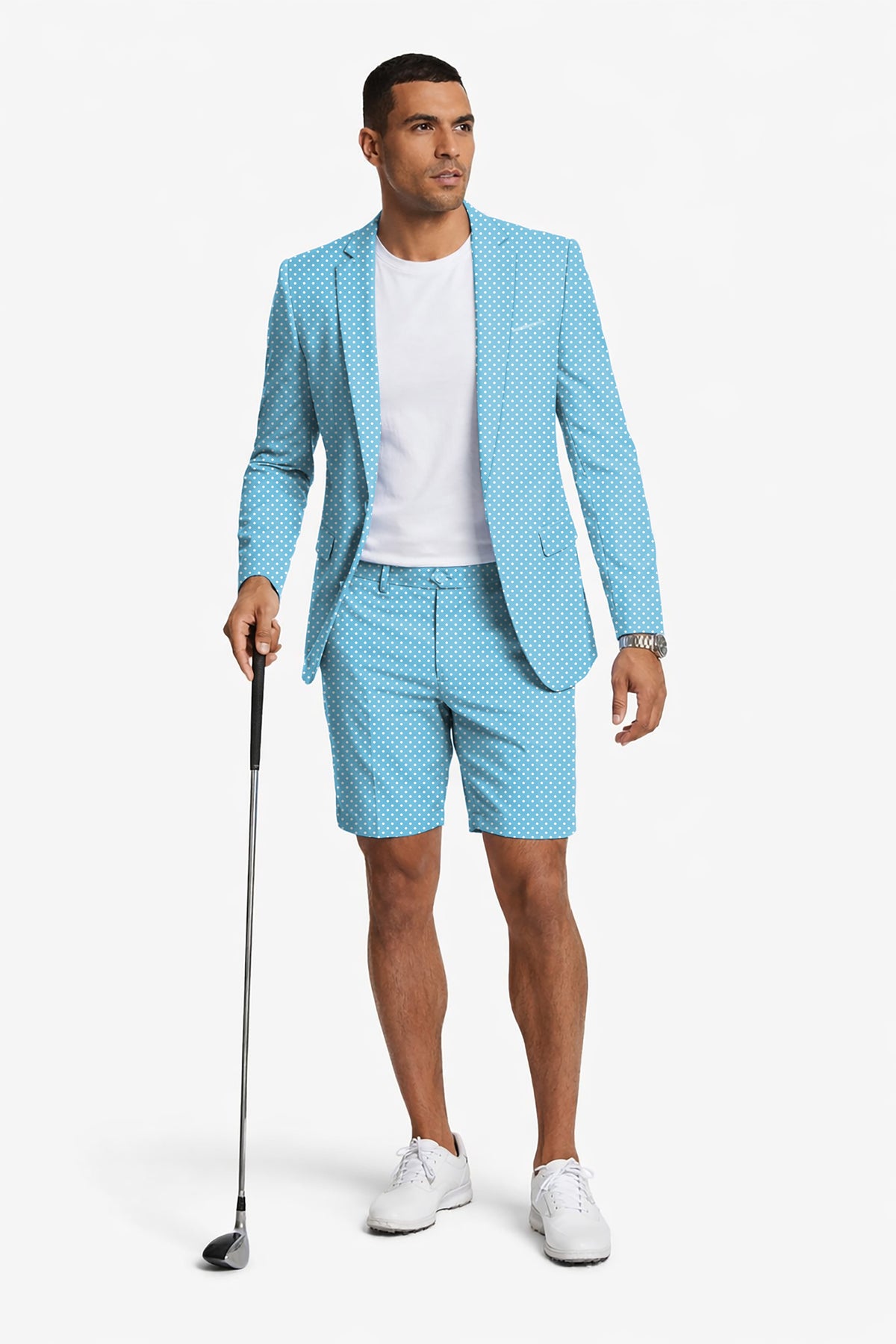 white polka dots blue background Men's Party Costumes-Theme Party 2pcs Suit set-Blazer Shorts