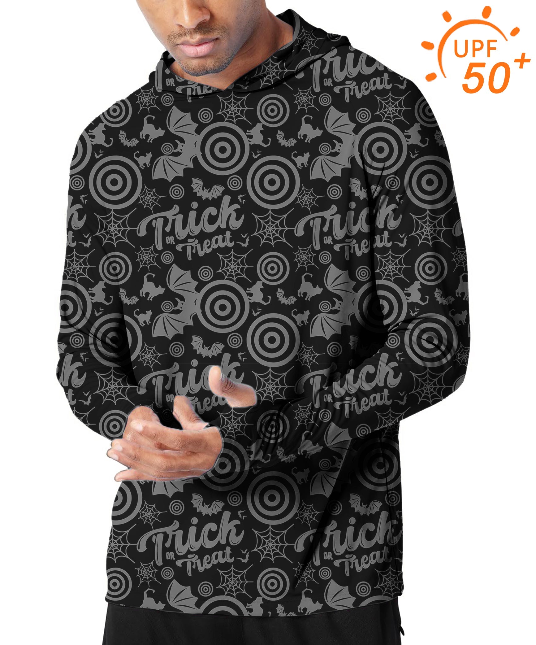 Men's outdoor slim fit hoodie with Halloween circle bat cat golf sun protection UPF 50+ design
