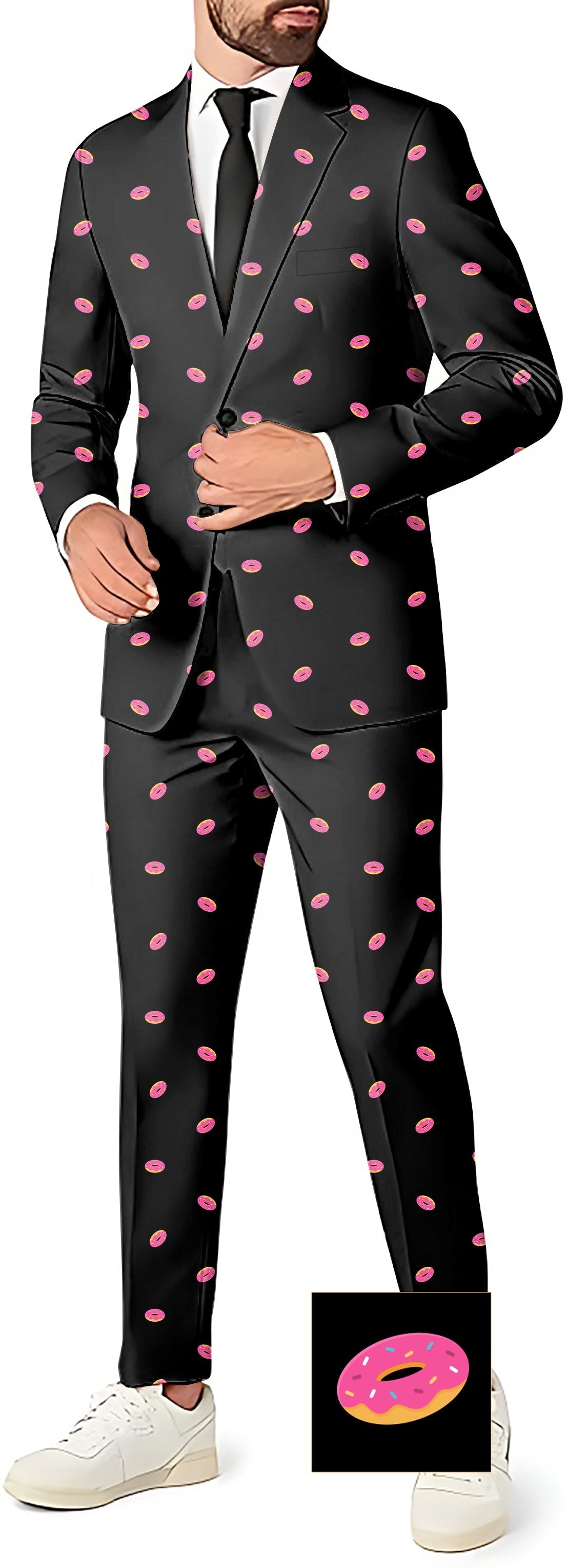 Men's black party suit with pink donut custom pattern, blazer, pants, and vest set