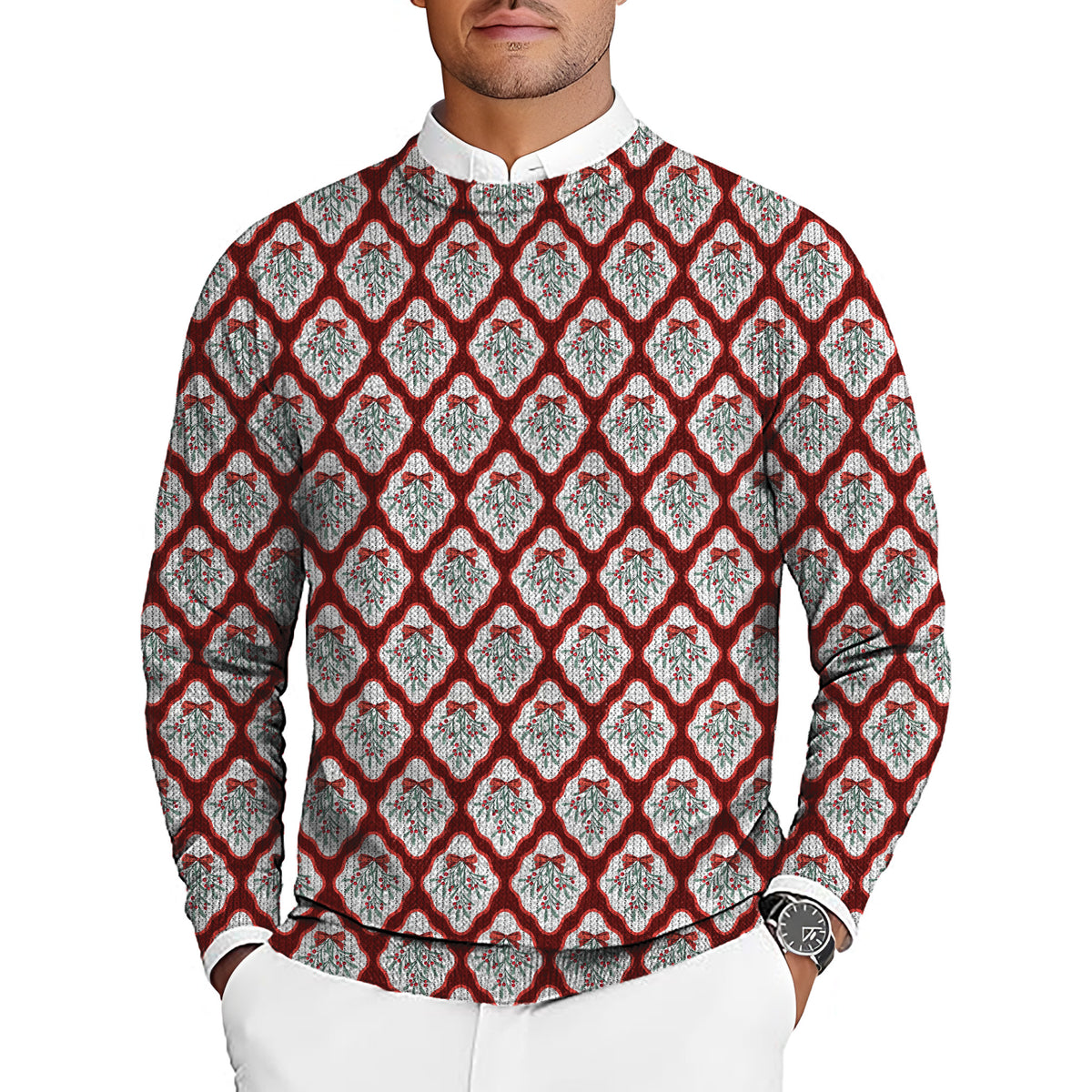 Christmas red holly Men's Golf Crewneck Pullover Sweaters Ugly Sweater
