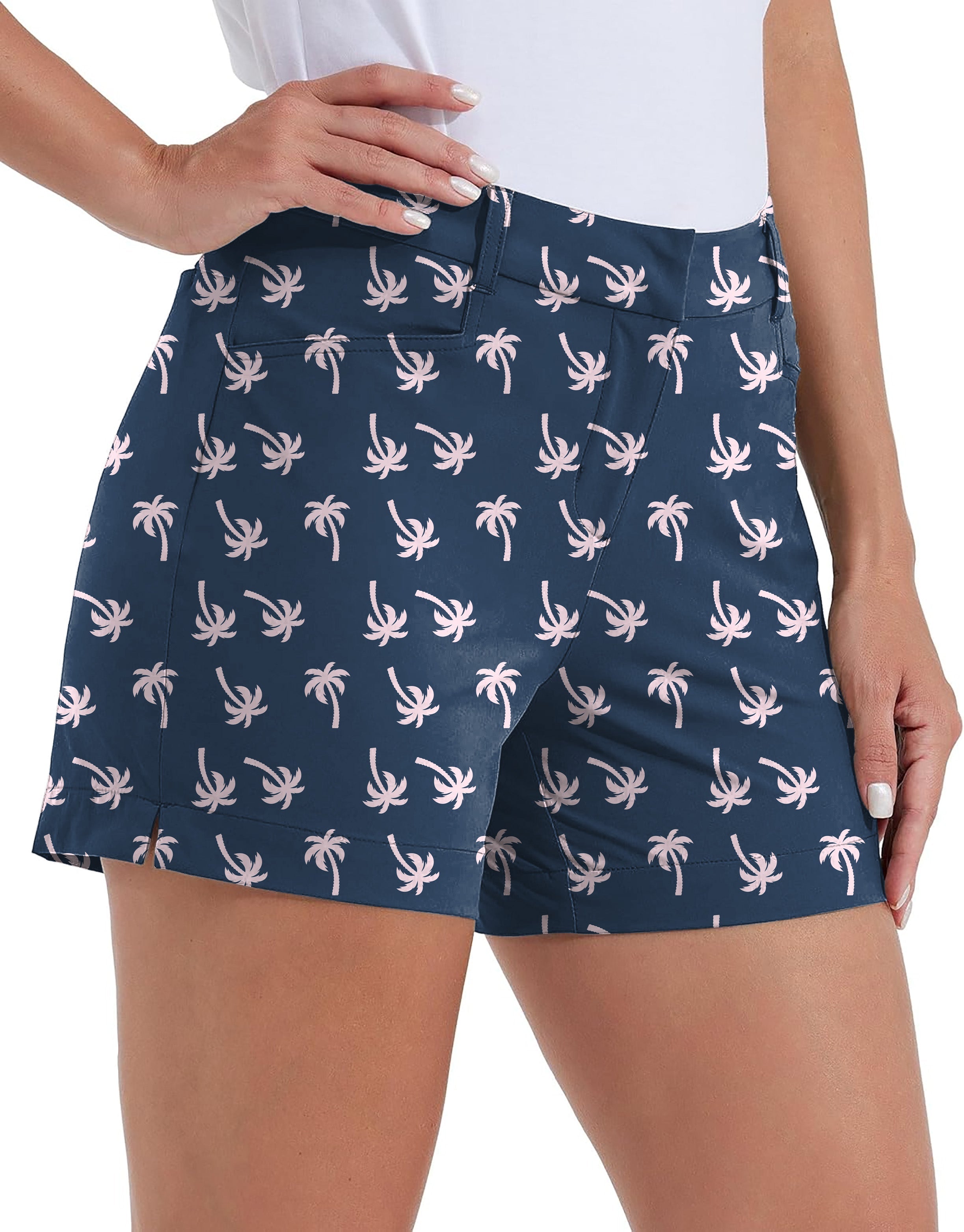 Women's Beachin' Pink Palms quick-drying golf shorts with pink palm tree print and pockets