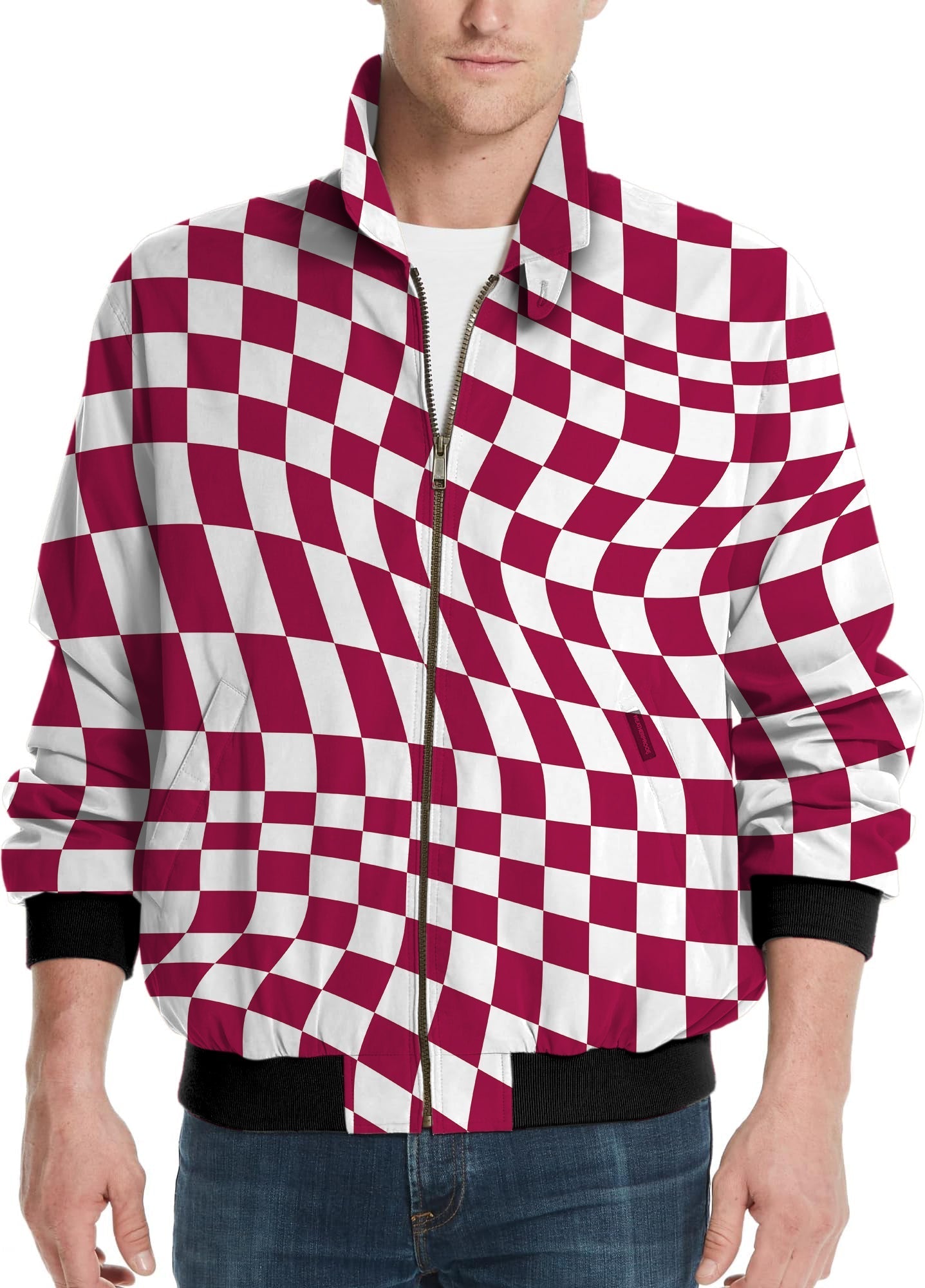 Men's golf windbreaker jacket with distorted red and white checkered pattern
