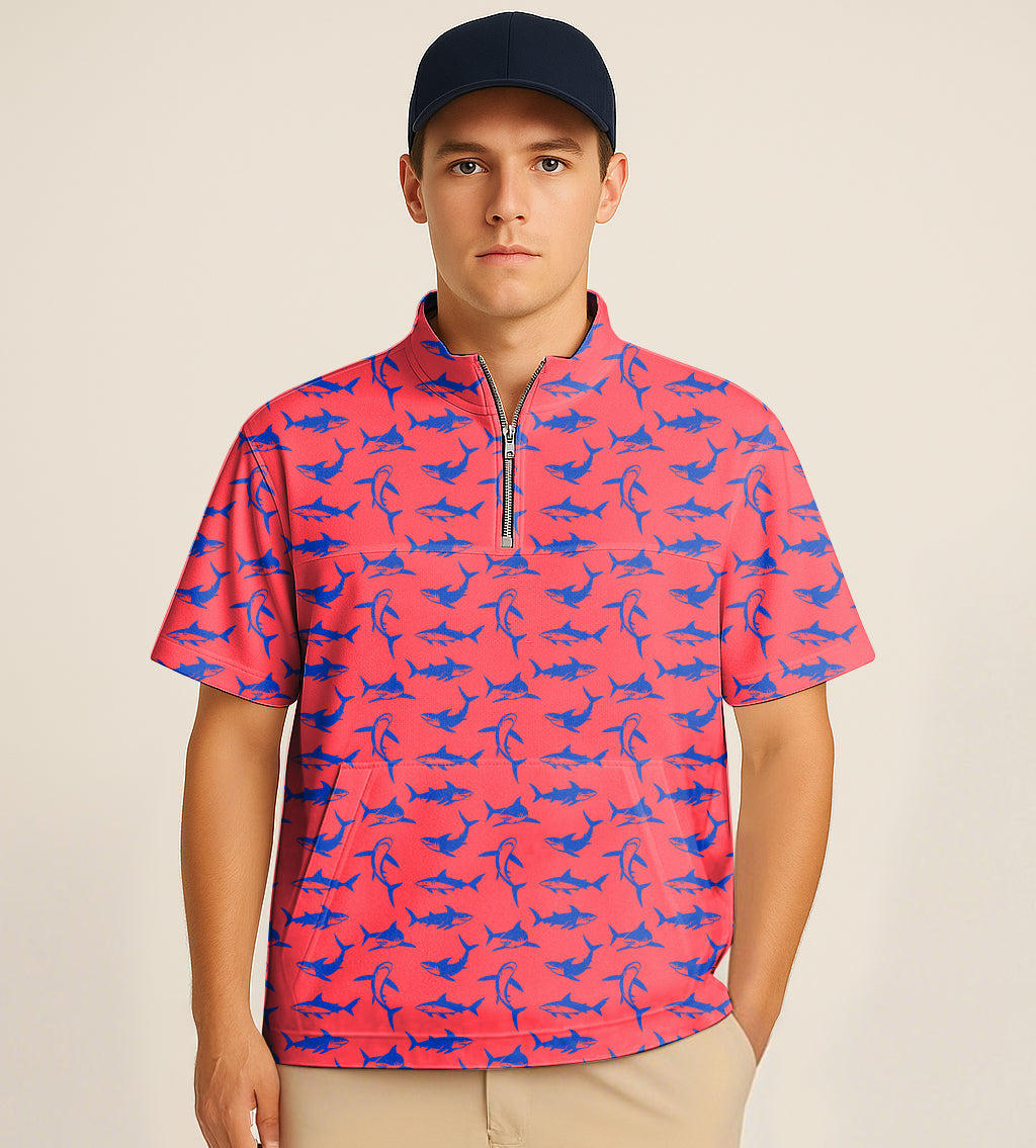 Men's half zipper turtleneck golf shirt with shark print and short sleeves