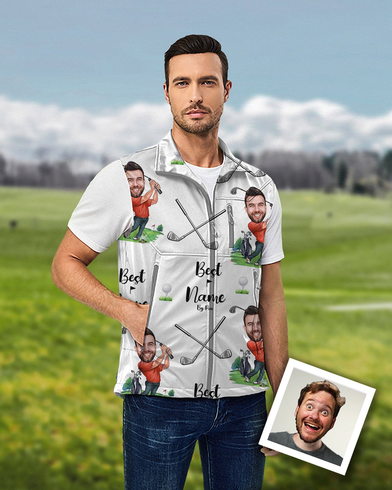 Men's custom facename lightweight softshell golf vest with personalized photo and name design