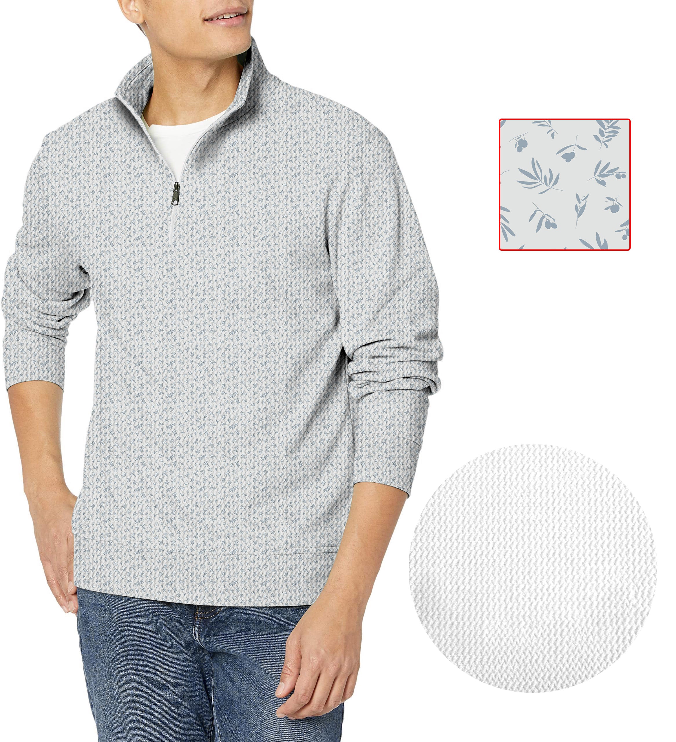 Men's Leaves And Fruits golf waffle zipper pullover sweater with leaf pattern and textured fabric close-up