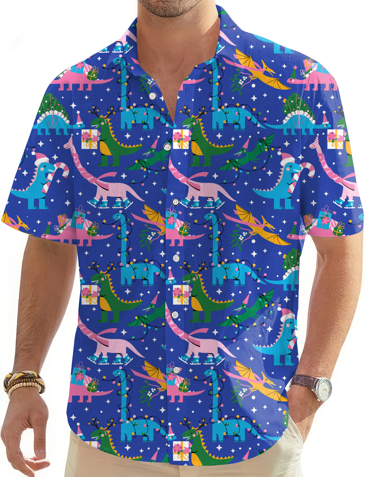 Christmas Dinosaur Men's Golf Hawaiian Shirts Button Down Shirt