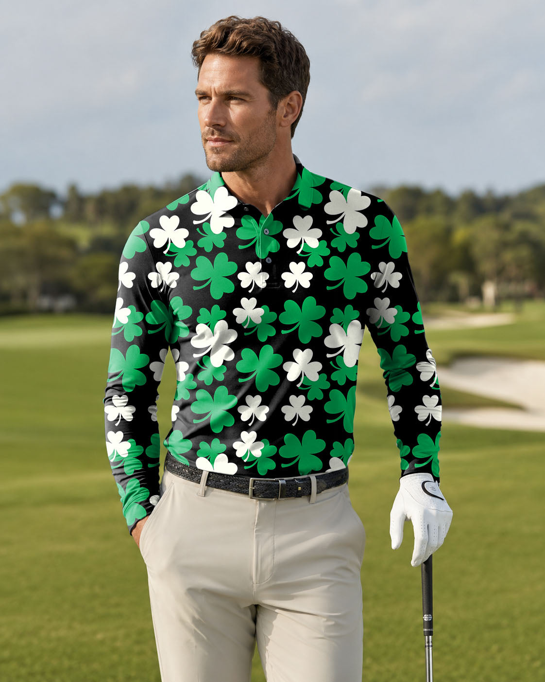 Men's Leaf clover St. Patrick's Day Golf Long-sleeved Polo