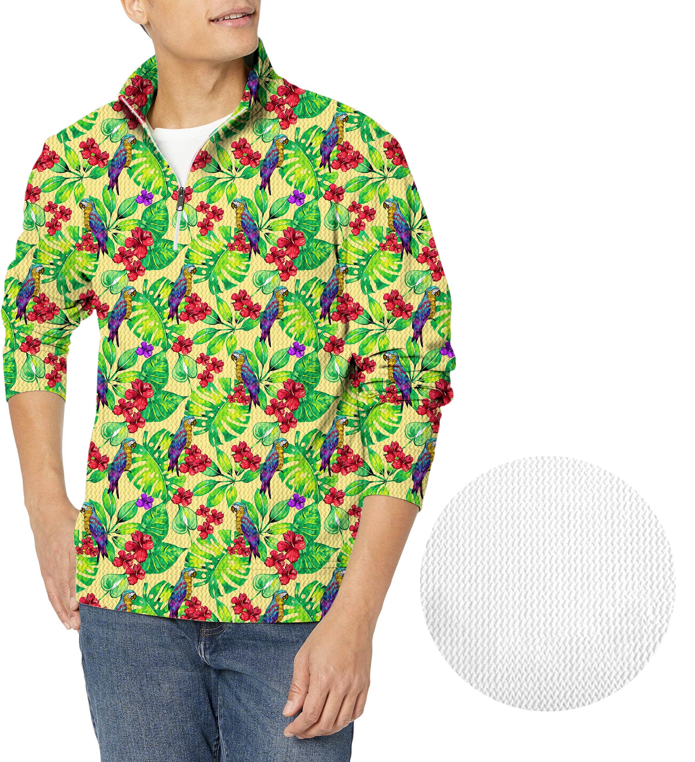 Toucan tropical flowers-Men's Golf Waffle Zipper Pullover