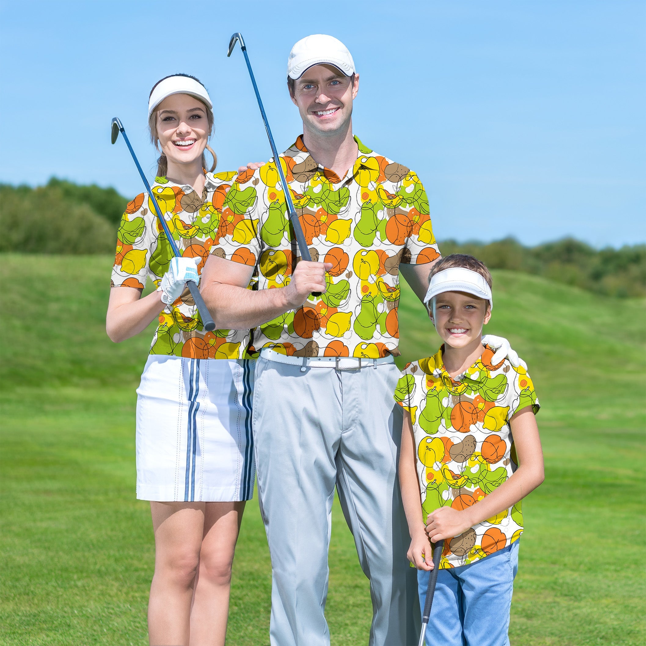 Family wearing colorful fruit pattern golf shirts on golf course with golf clubs