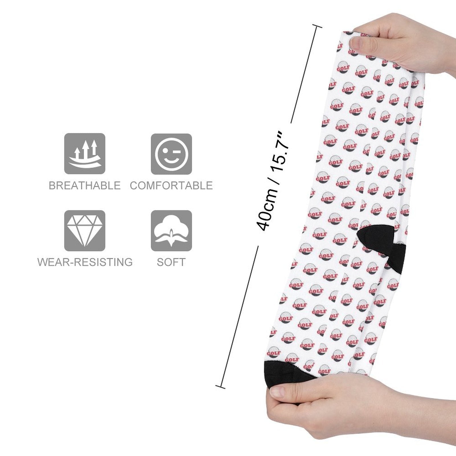 White breathable golf ball printed socks 40cm with cushioned sole, soft and wear-resistant for men and women gifts