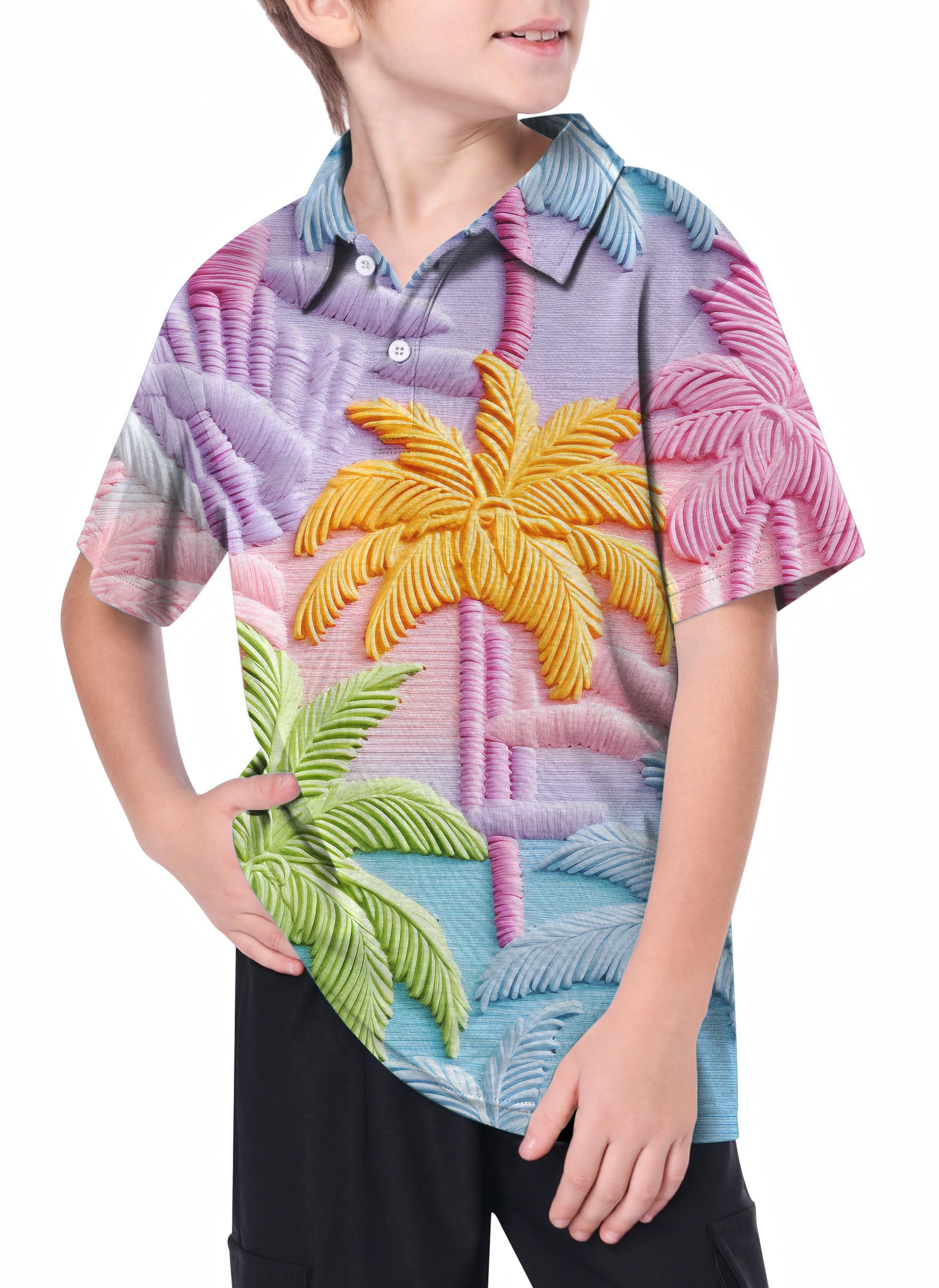 Youth coconut trees 3D golf polo with colorful palm design and moisture-wicking fabric