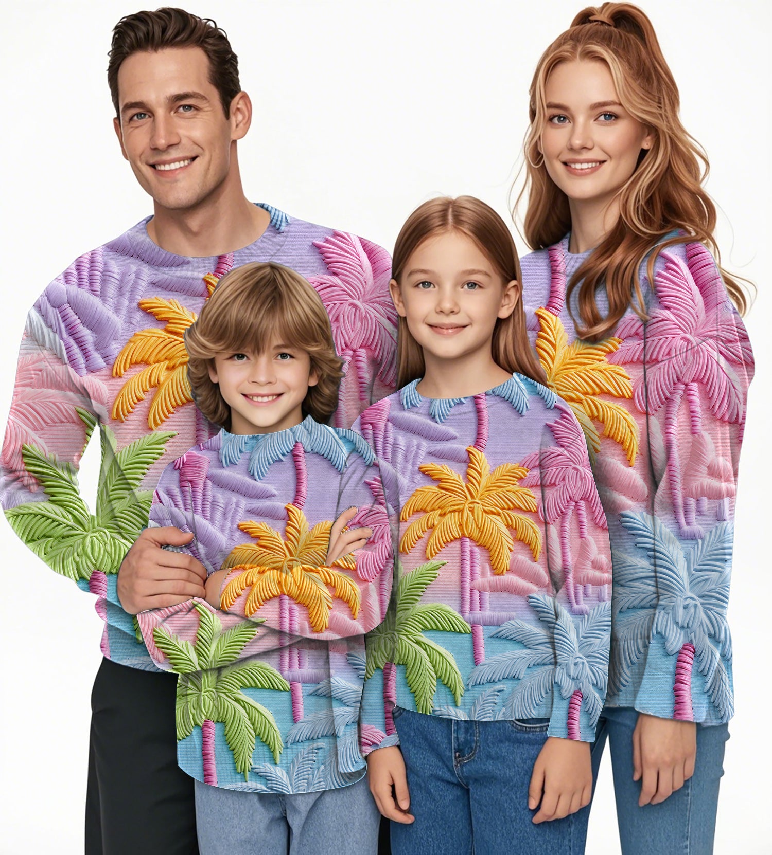 Family wearing colorful 3D coconut trees crewneck pullover ugly sweaters with pink, yellow, green, and blue palm designs