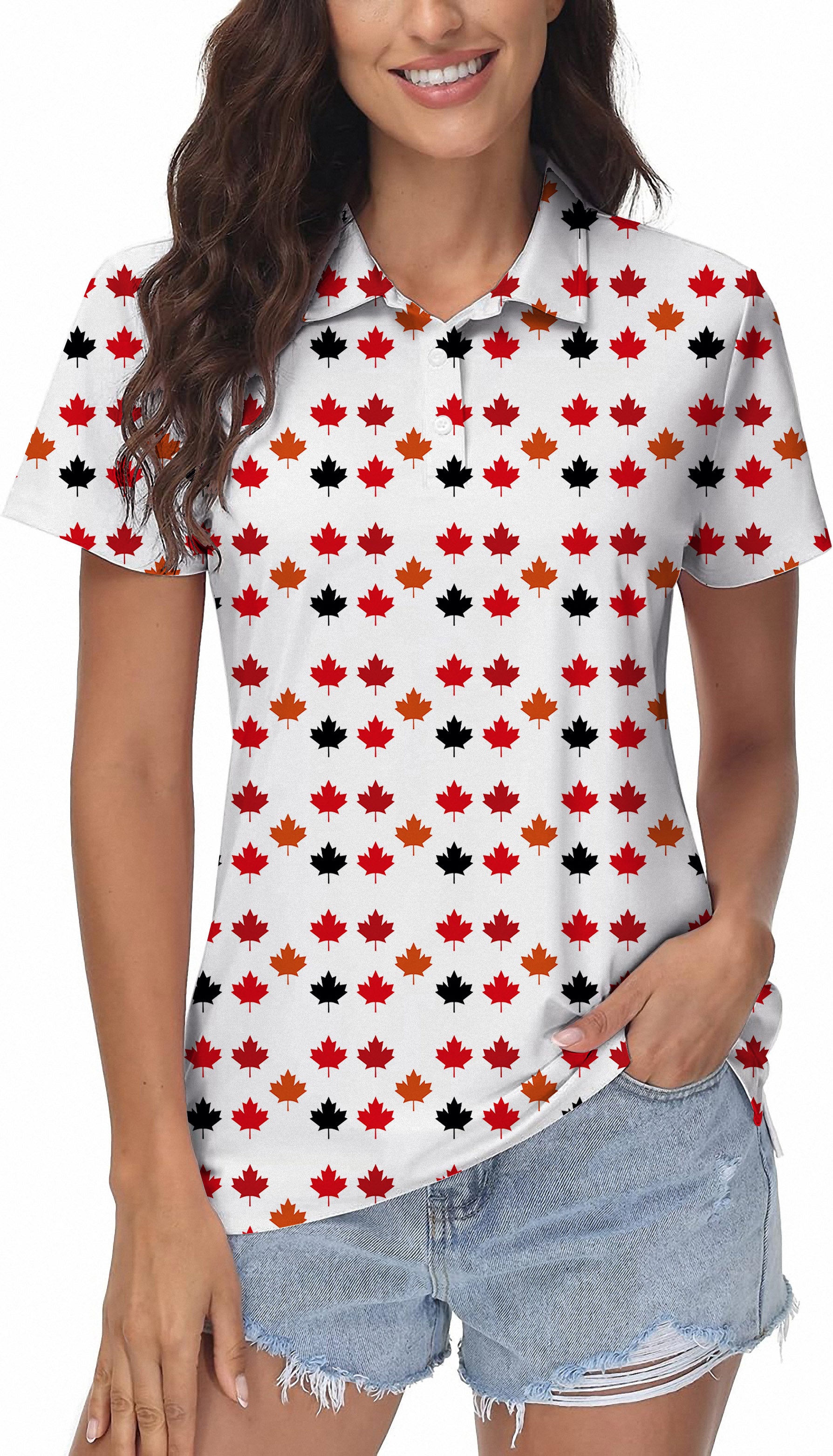 Women's golf polo with Canada four color maple leaves pattern, moisture-wicking, stretchy, wrinkle-resistant fabric, UPF 40+ sun protection.