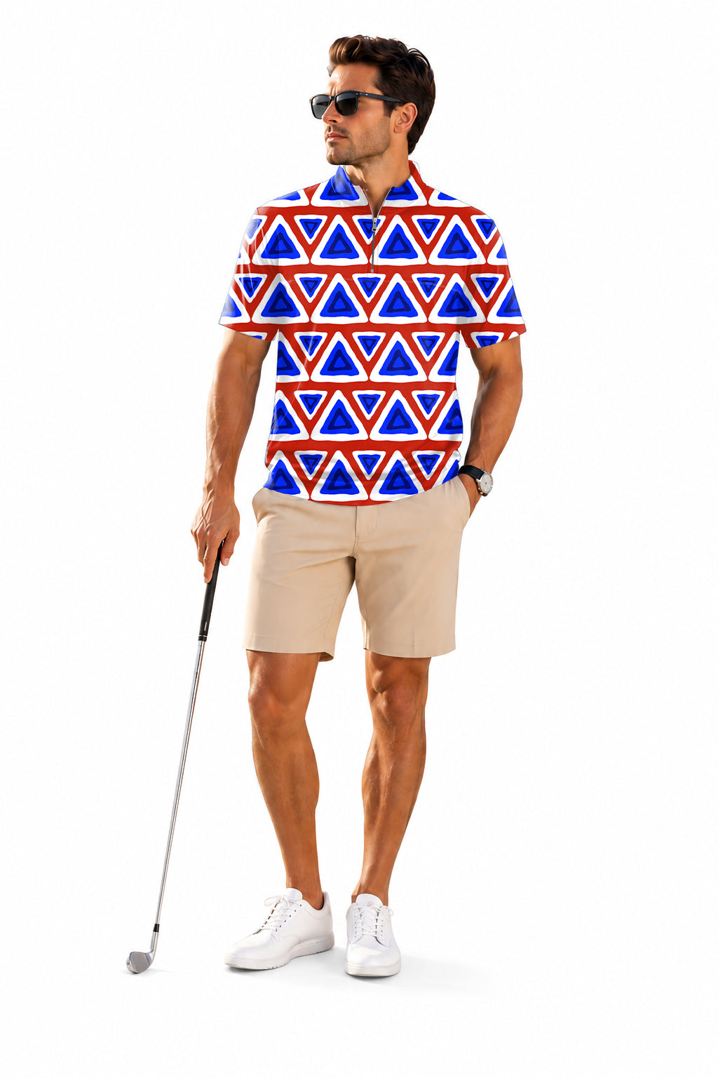 Men's Short Sleeve Quarter Zip Golf Pullover Triangle tribal Embroidery