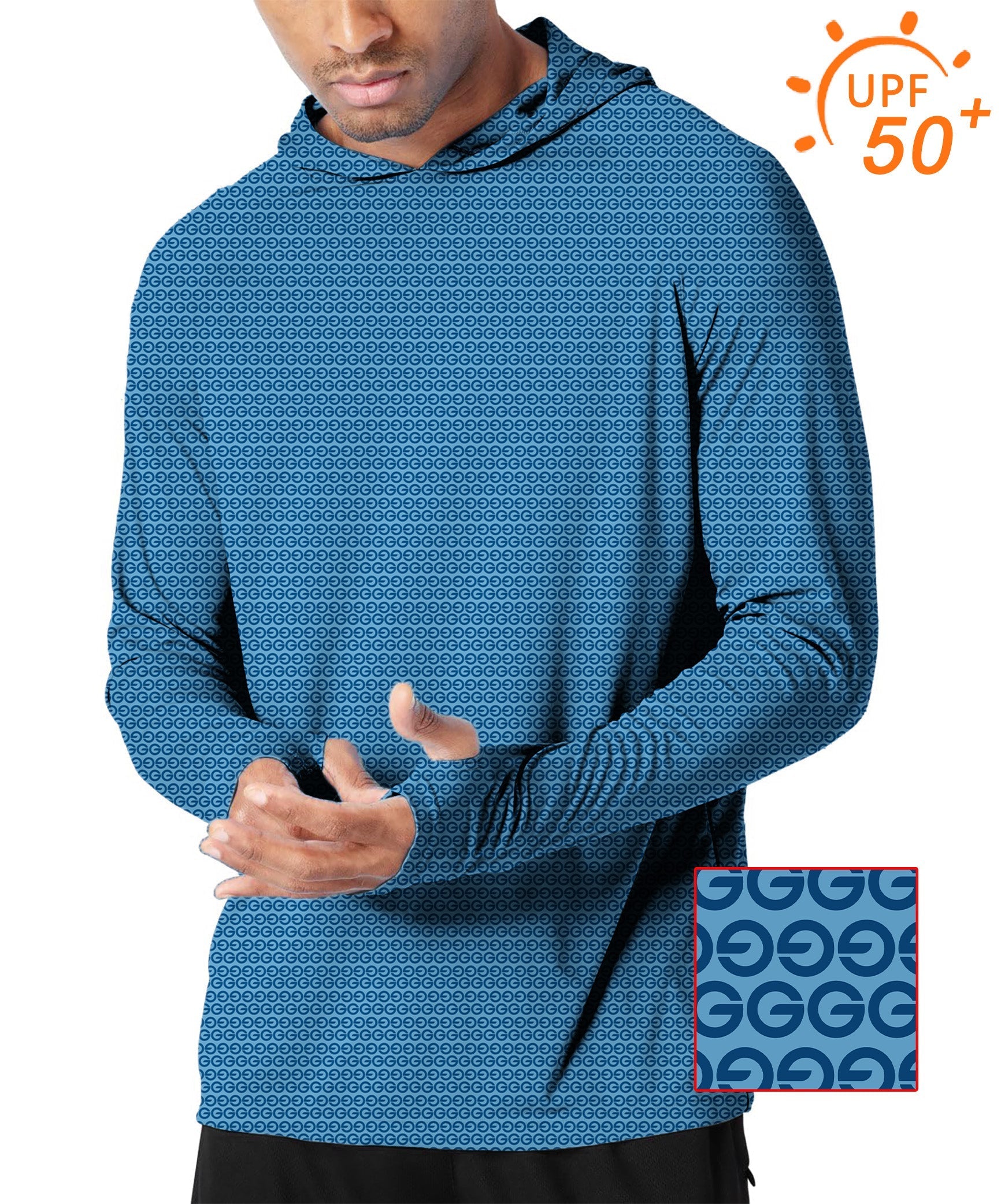 Men's Outdoor Blue G Golf slim fit hooded sun protection shirt with UPF 50+ and thumb holes