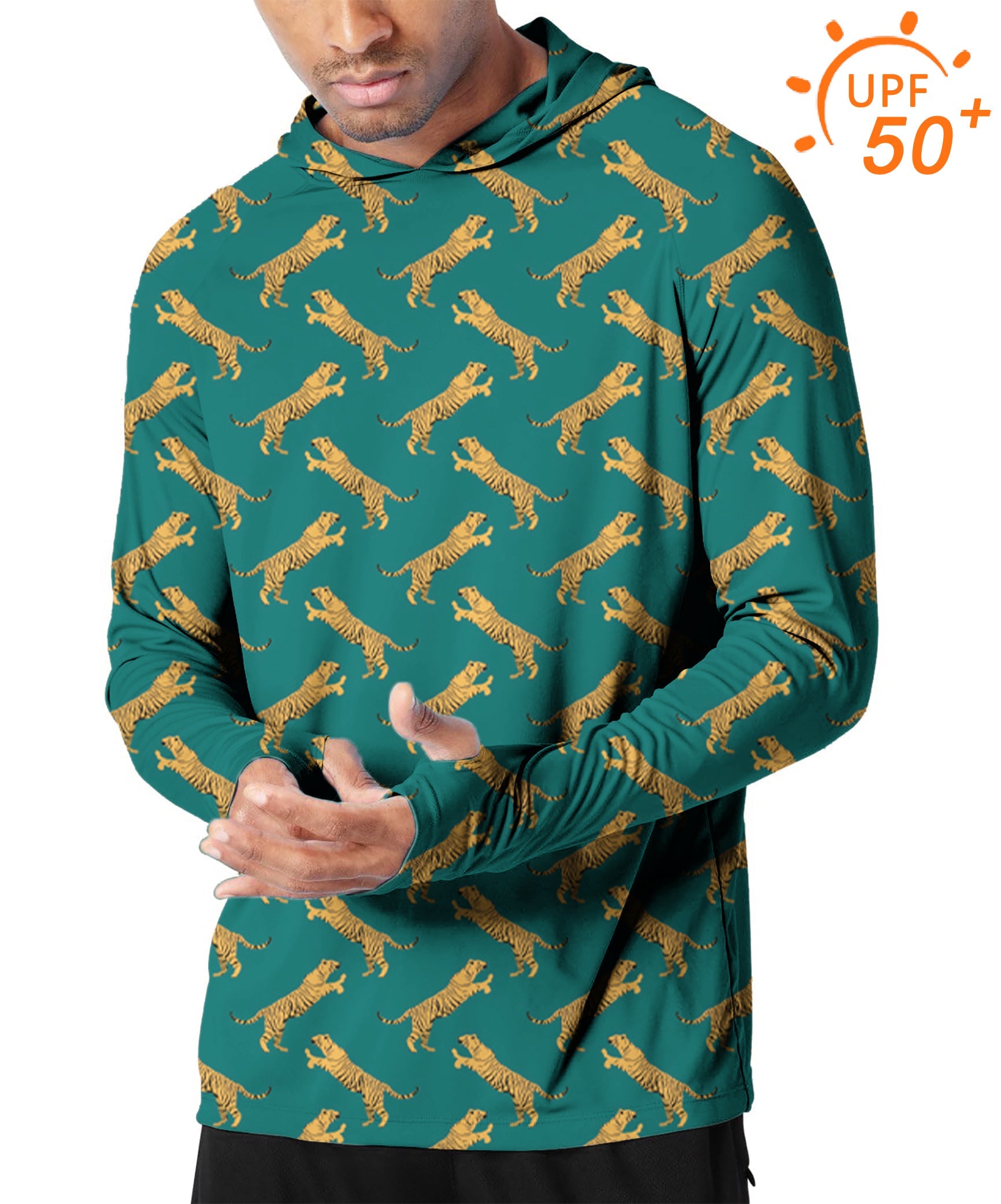 Men's outdoor green slim fit golf hoodie with tiger print and UPF 50+ sun protection